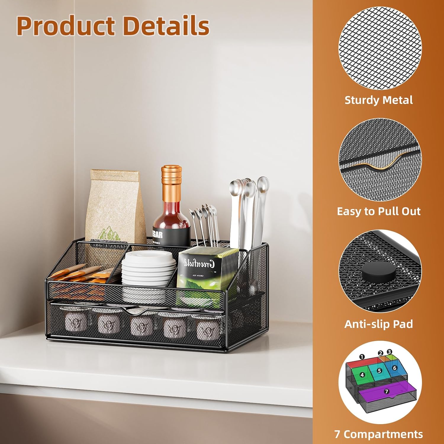 VITVITI Coffee Station Organizer for Countertop, Metal Coffee Bar Organizer Basket with Drawer, 6 Compartments Bar Station Holder for Pods Tea Bag, Black