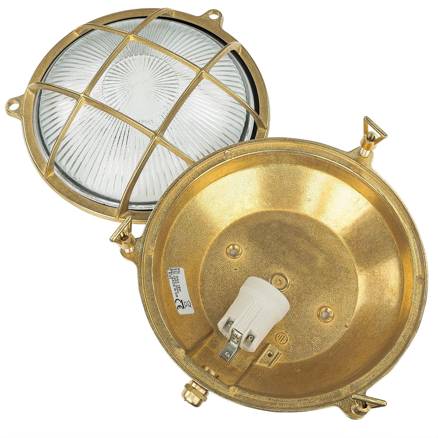 Applique murale extérieure en laiton et verre IP64 pour jardin et terrasse Ø24 cm E27 max. 18 W Rustique Maritime Lampe extérieure ronde SERIFOS