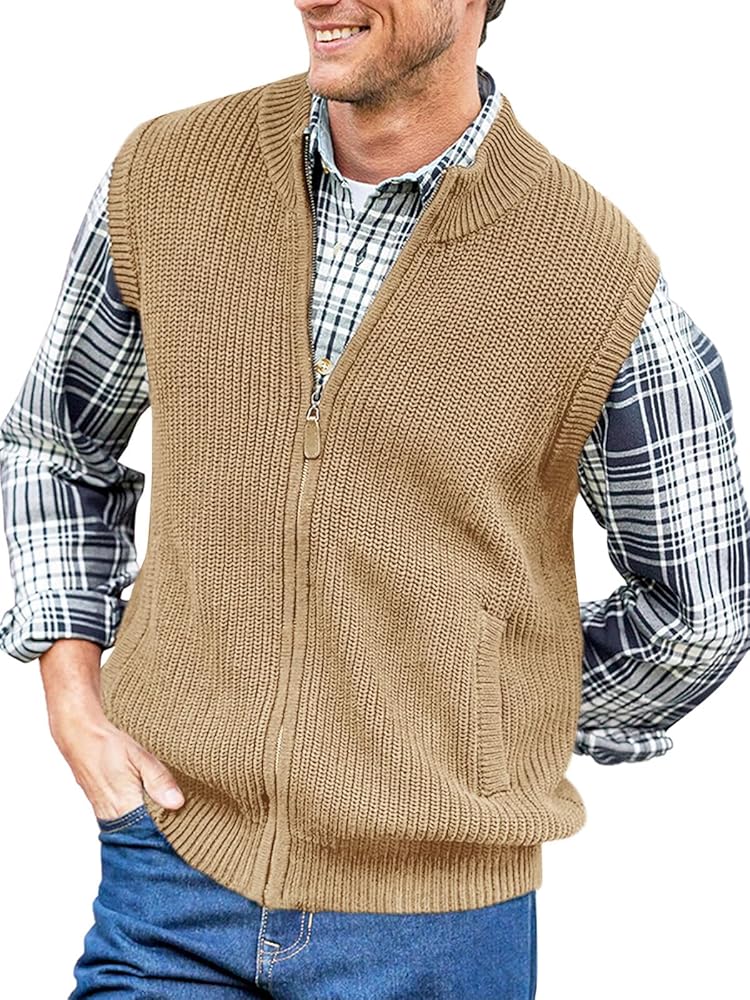 Ryannology Mens Full Zip Up Sweater Vest Knitted Cardigan Slim Fit
