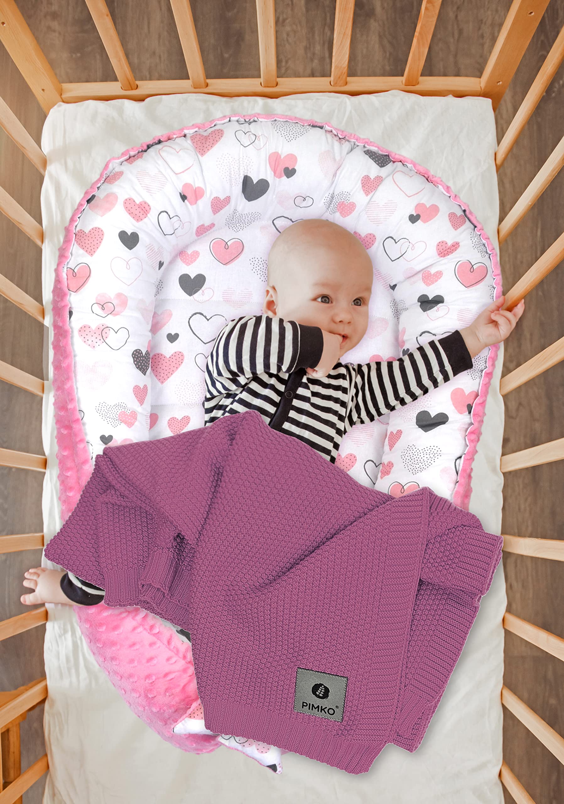 PIMKO Riduttore lettino Nido per Neonato Culla Nido per Neonato 90x60x12cm Baby Nest - cuori rosa