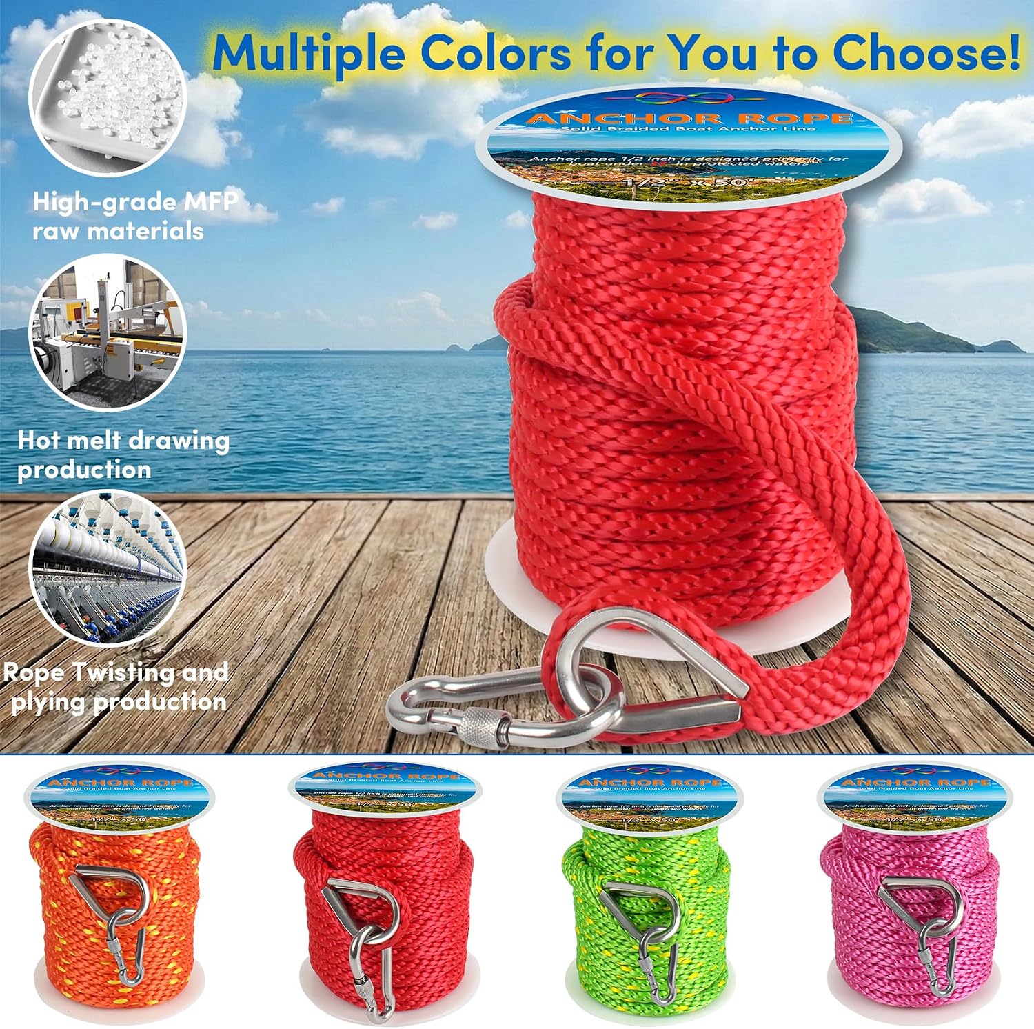 Anchor Rope 1/2 Inch 50 FT, Boat Anchor Rope Solid Braid MFP, Anchor Line with 316 Stainless Steel Thimble & Snap Hook for Towing Mooring Docking Anchoring Boats Up to 32' - Red