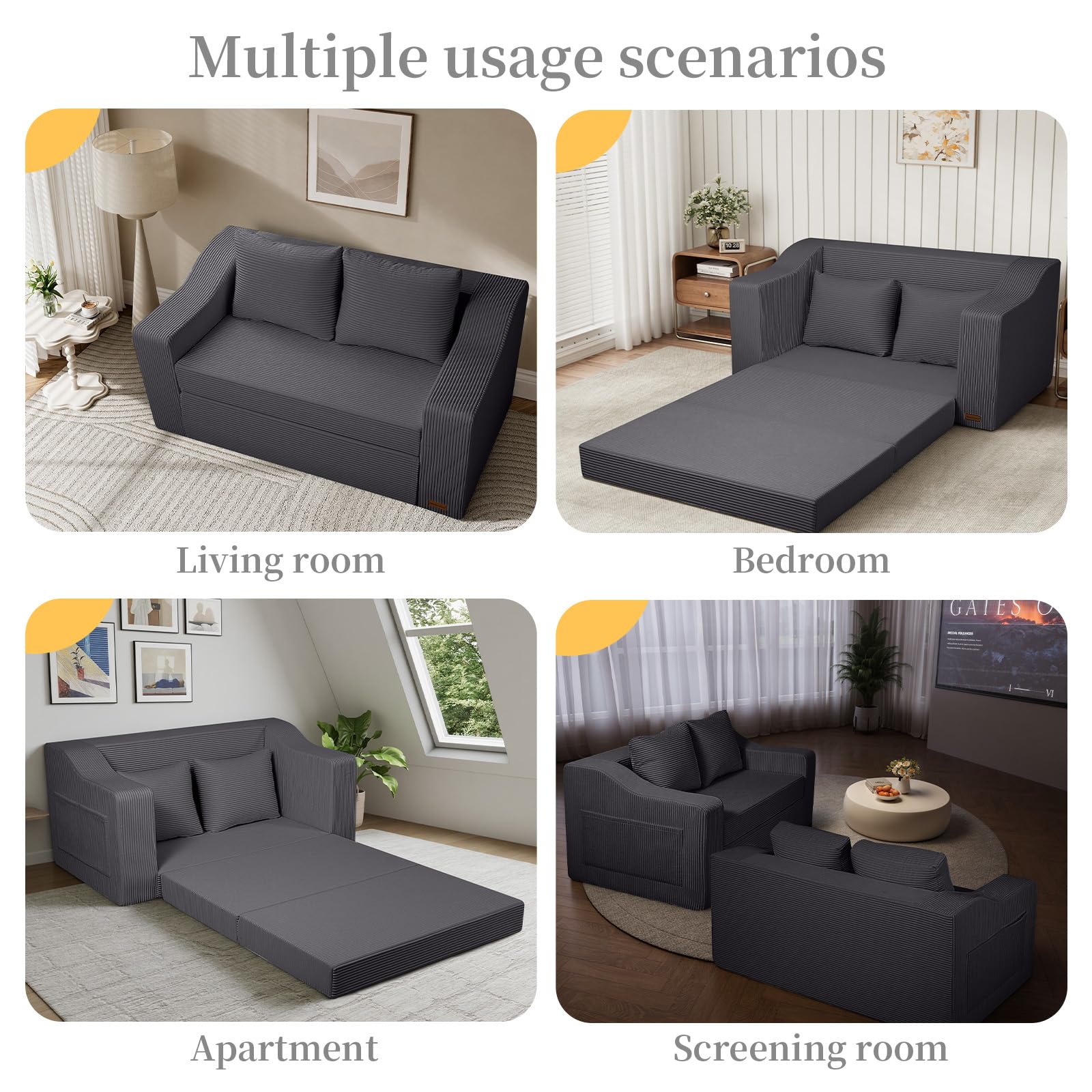 MeMoreCool Canapé-lit convertible, canapé sans os en velours côtelé avec oreillers, housse amovible et lavable, lit d'appoint pliable sans assemblage, pour appartements et chambres à coucher, gris