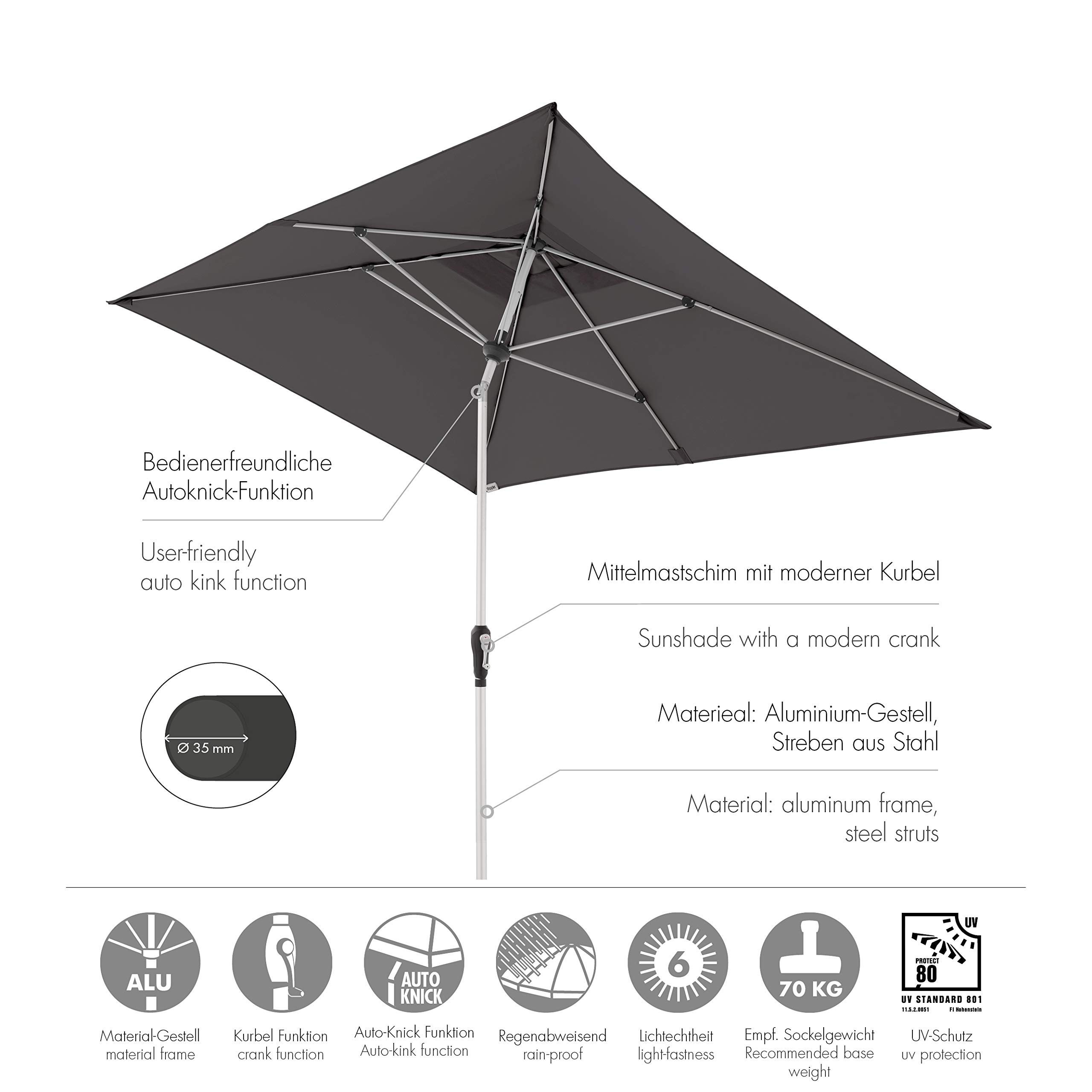 Doppler Aluminiowy parasol przeciwsłoneczny SL-AZ 190 x 290 – prostokątna ochrona przed słońcem na balkon/taras – zginany – 190 x 290 cm – antracyt