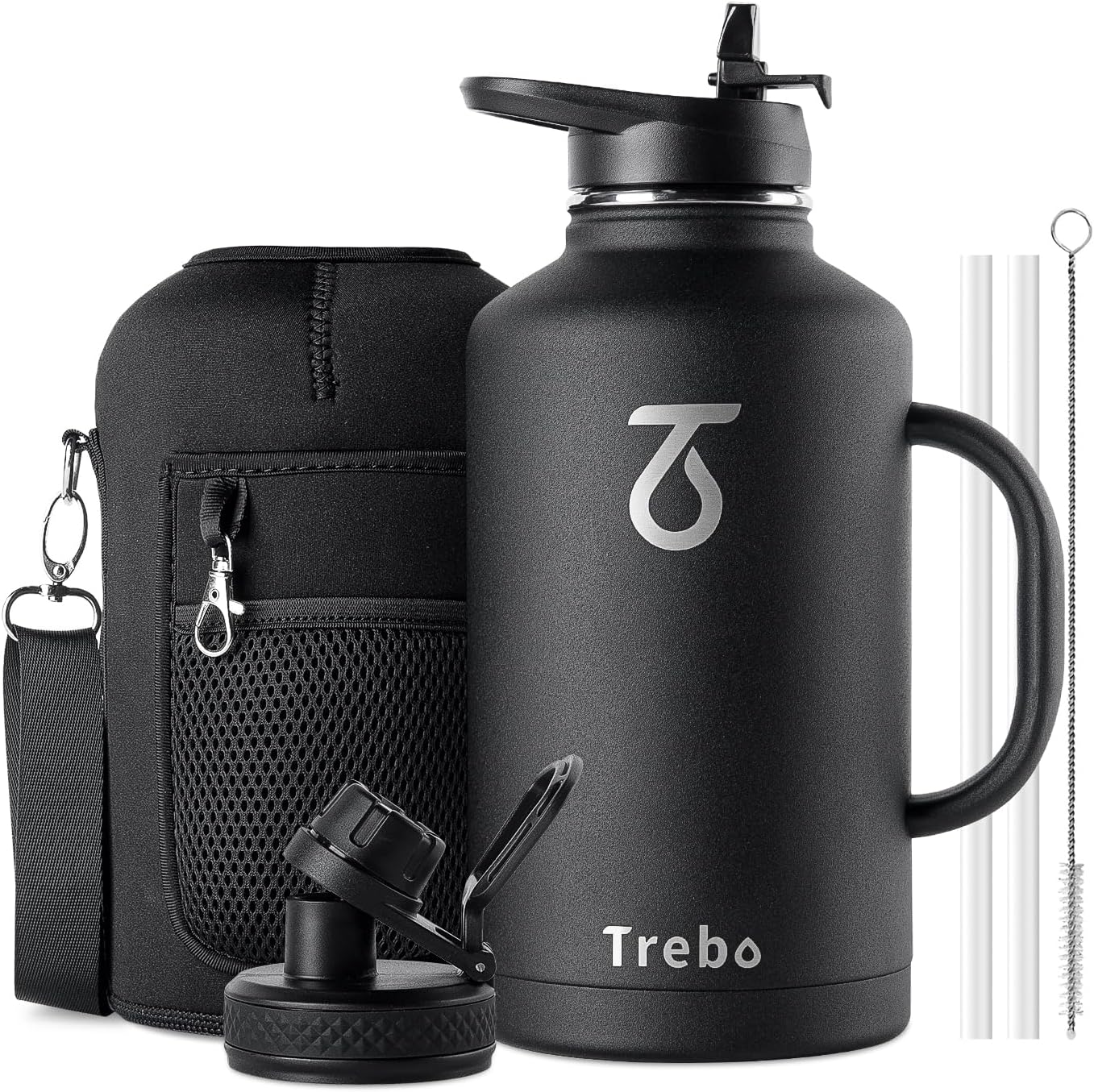 Trebo Stainless Steel Water Bottle 2L, Large Metal Bottle with Handle, Wide Mouth, Double Wall, Keeps Water Cold for 48 Hours, Black