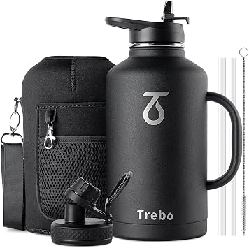 Trebo Insulated Water Bottle 2 L Stainless Steel with Side Handle & Pouch | Large Metal Gallon Jug with Straw Spout Lids, Triple Wall Vacuum, Dishwash safe, Cold 48 Hrs for Gym, BPA-free, Wide Mouth