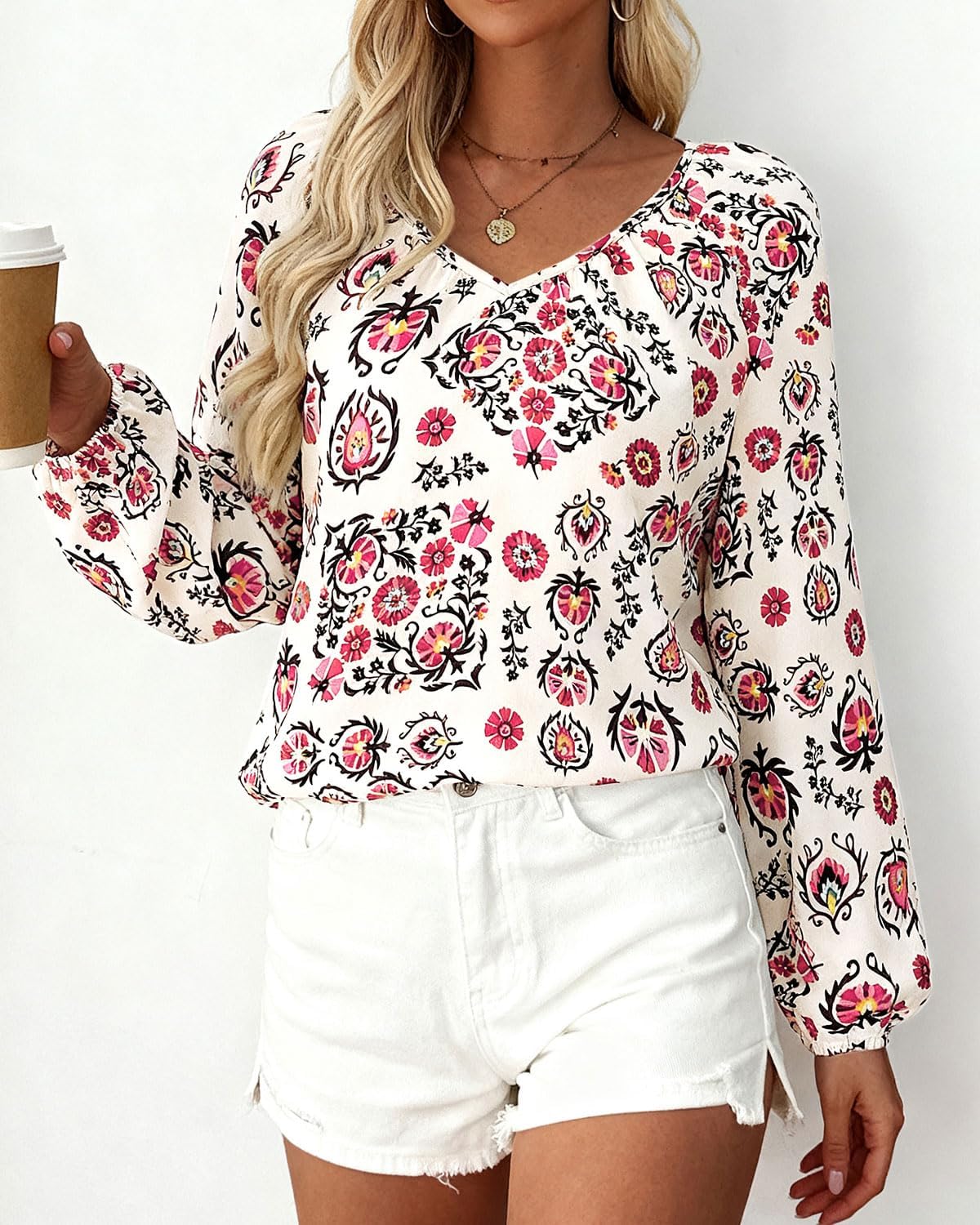 Zenlonr Womens Fall Tops Dressy Casual 2026 V Neck Satin Silk Printed Shirts Boho Long Sleeve Work Blouses - Image 3