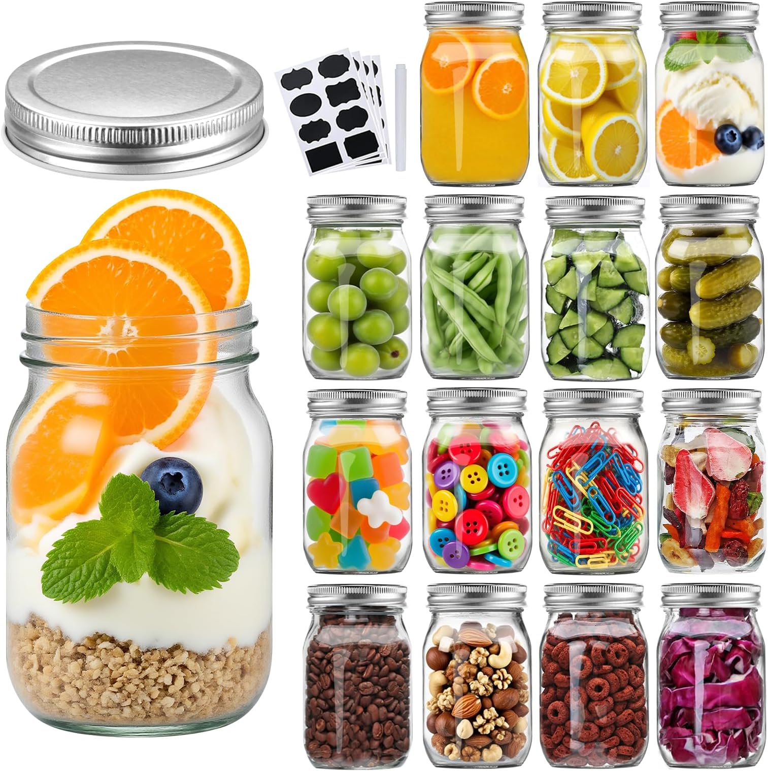 Accguan 16Pack 16oz Glass Mason Jars with Regular Airtight Lids, Clear Glass Jars Ideal for Canning, Pickling, Meal Prep, Jam, Honey, DIY Shower/Wedding Favors, Labels & Pen Included,Pint Canning Jars