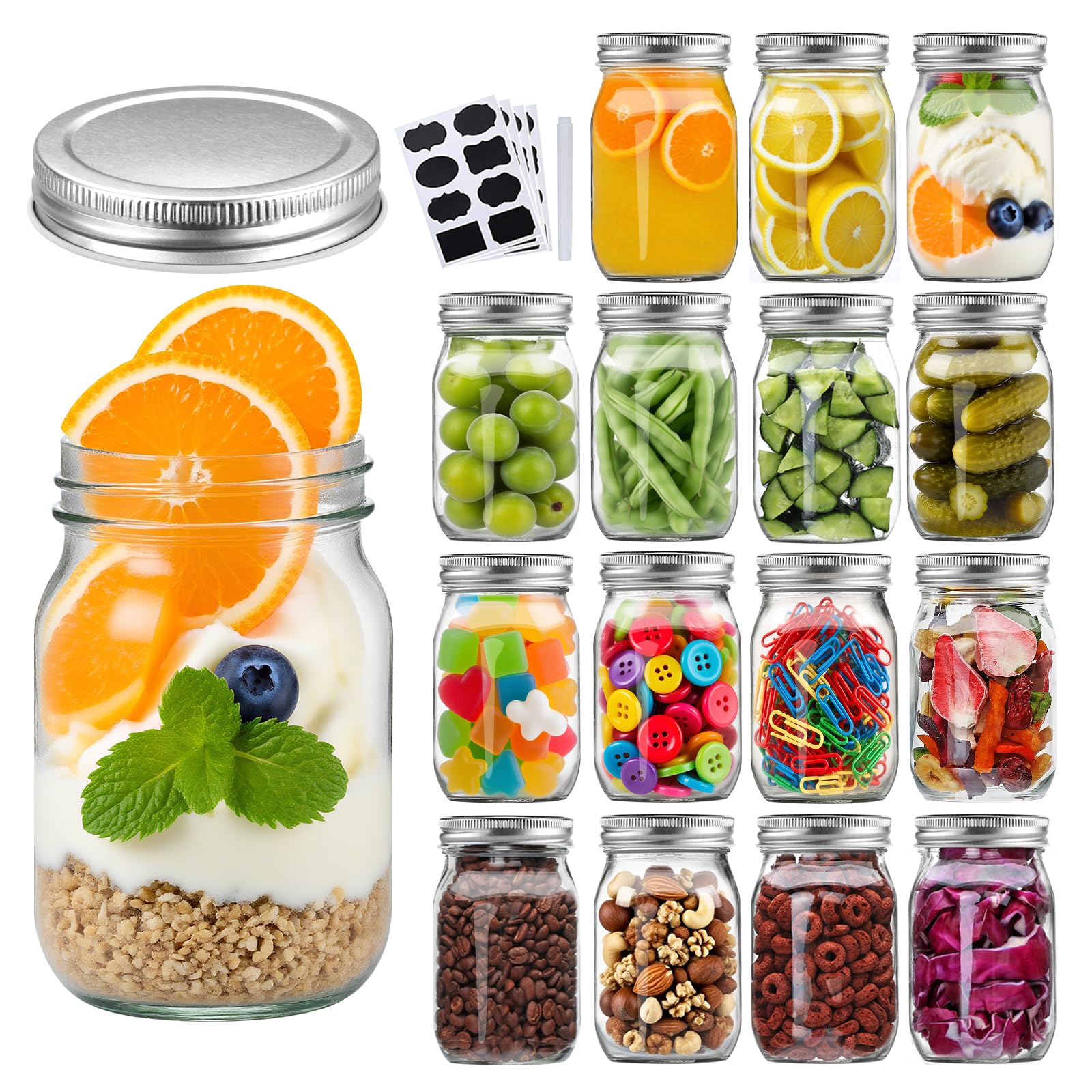 Accguan 16Pack 16oz Glass Mason Jars with Regular Airtight Lids, Clear Glass Jars Ideal for Canning, Pickling, Meal Prep, Jam, Honey, DIY Shower/Wedding Favors, Labels & Pen Included,Pint Canning Jars