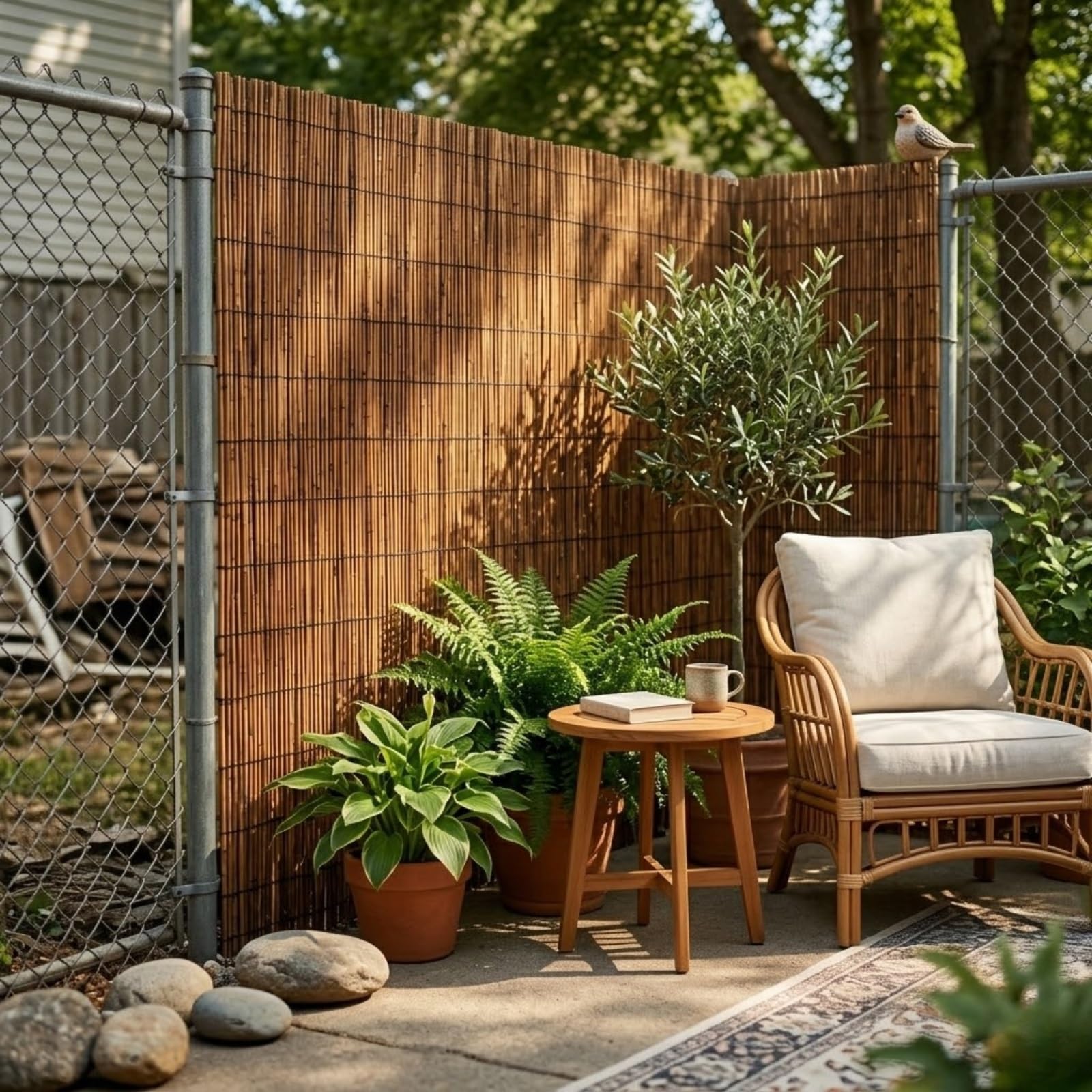 Arella in Canna di Palude Carbonizzata 6-10mm, Canniccio Privacy Frangivista con Filo in Nylon Resistente per Recinzione Giardino, Balcone e Terrazzo (1,52 x 3.05 M)(Naturale,0.61 m H x 10.97 m L)