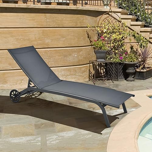 Miniatura 4 de Tangkula Tumbona para exteriores, sillón reclinable para patio con respaldo ajustable de 6 posiciones, tela transpirable y ruedas lisas, silla de