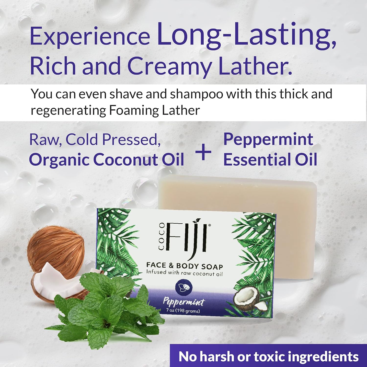 "Coco Fiji Soap Bar for Face and Body Infused With Organic Coconut Oil, Peppermint, Essential Oil, Natural Soap for Moisturizing & Pore Purifying Skin, 7 oz, Pack Of 3 "
