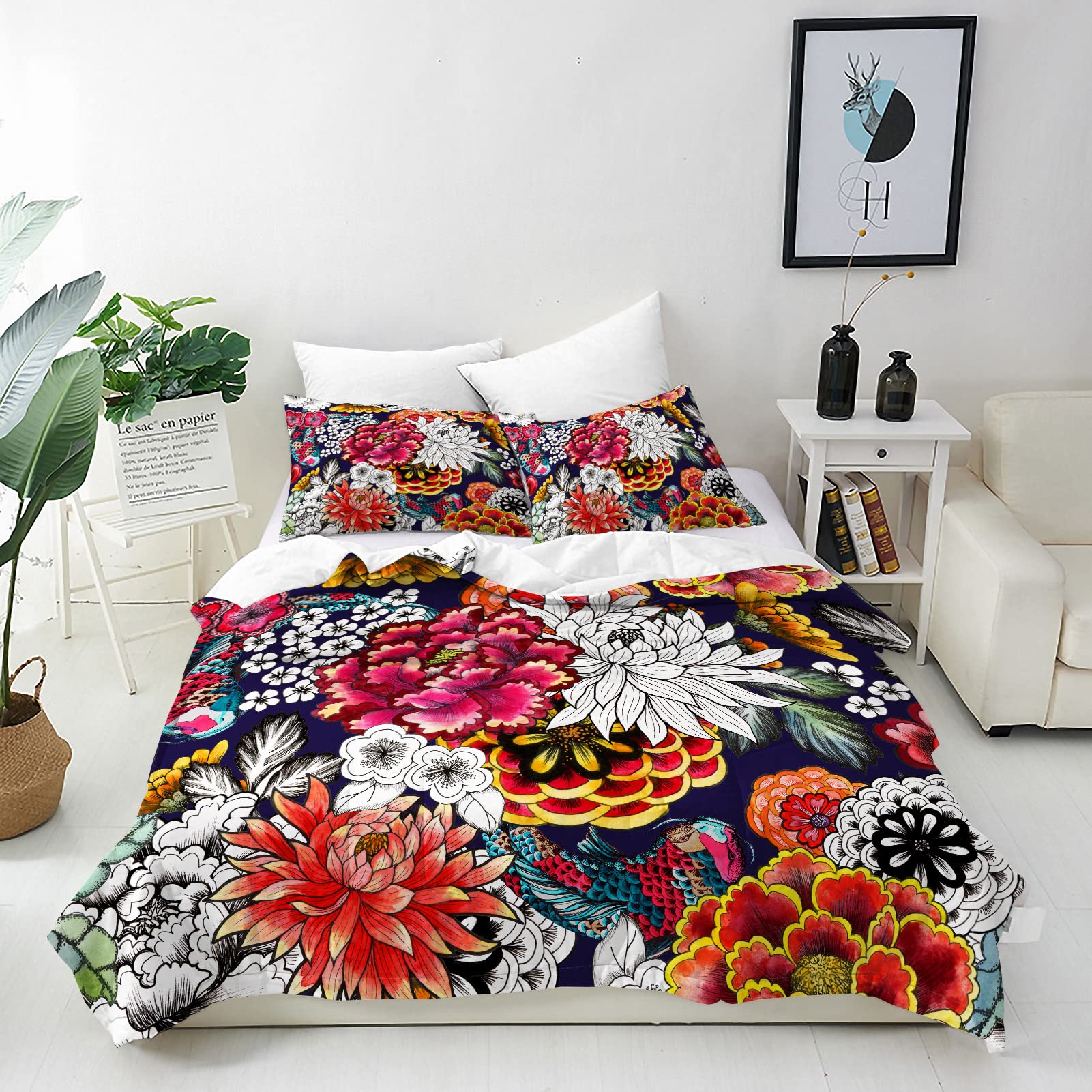 ANHOPE Floral Duvet Cover Set Soft Comforter Cover Flower Fish Carp Print Pattern 3 Piece Bedding Set with Pillowcase All Season Decor Quilt Cover with Zipper for Kids Adults Super King Size — image 1
