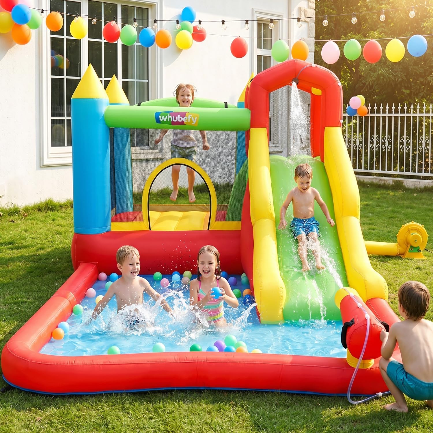 AKEYDIY Inflatable Water Slide for Kids 3-12, Bounce House Waterslide Park with Trampoline, Slide, Ball Pit/Pool, Hoop, Target, Climbing Wall, Water Gun, Blower Included, for Backyard, Upgradeable