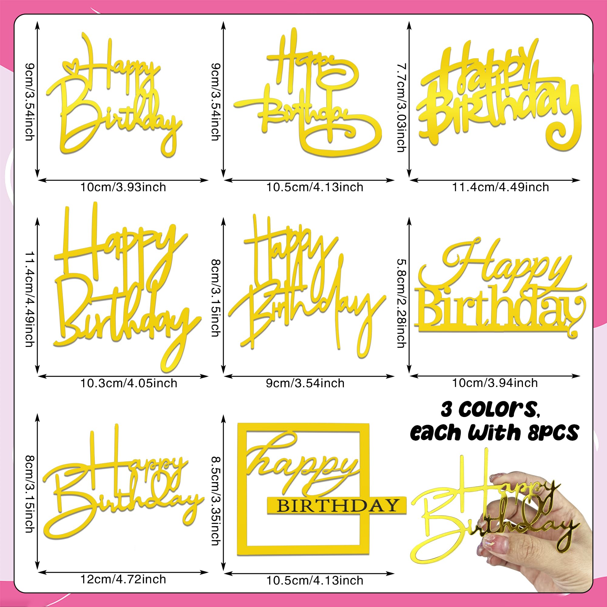 24 PCS Happy Birthday Cake Toppers Mirror Acrylic Side Cake Decorations 8 Styles 3 Colors
