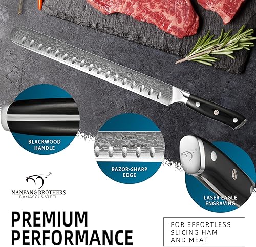 Miniatura 3 de NANFANG BROTHERS Damasco - Cuchillo para cortar pechuga con funda de cuchillo, cuchillo de tallar ultra afilado de 12 pulgadas para rebanar asados,