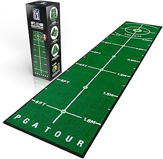 PGA Tour 8ft Deluxe Golf Putting Mat for Indoor Golf, Golf Mat with Training Guidelines, Full Size Hole Target, 6ft Putting Area, Green, Portable Carry Bag Included