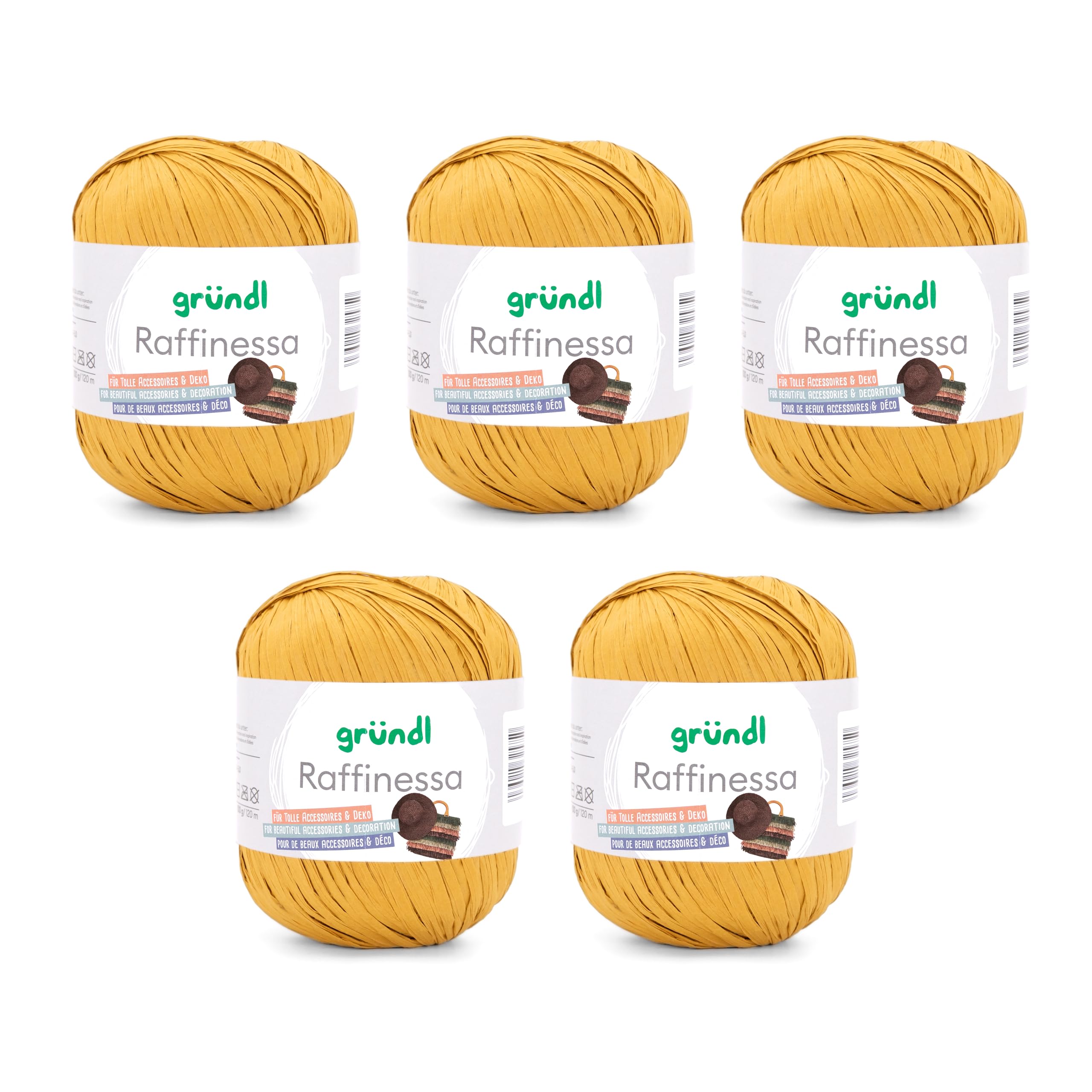 Gründl Raffinessa - Papiergarn - Raffiabast - Papierschnur aus 100% Viskose zum Korbflechten - 5 x 100 g / 120 m - Gelb
