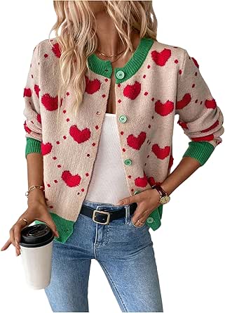 WDIRARA Women's Heart Print Blazer - Long Sleeve Button Front Casual Work Jacket