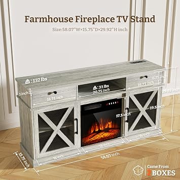58 Farmhouse Fireplace TV Stand with 18 Electric Fireplace, Entertainment Center TV Console up to 65 with Barn Doors and Drawers for Living Room, Gray