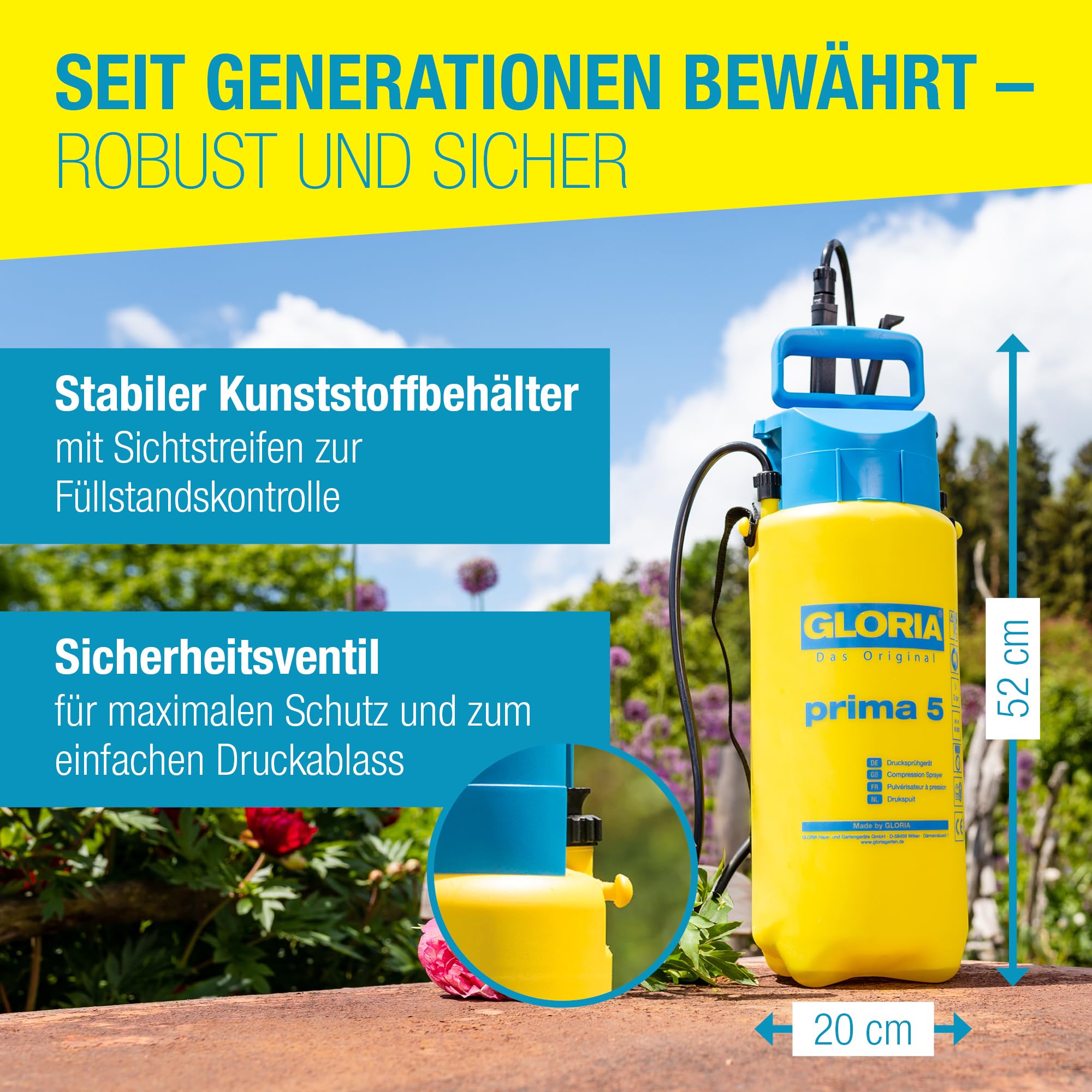 GLORIA Drucksprühgerät prima 5 | 5 Liter Gartenspritze & Drucksprüher | Pumpsprühflasche für Pflanzenschutz & Unkrautvernichter | Sprühflasche für Garten & Pflanzen