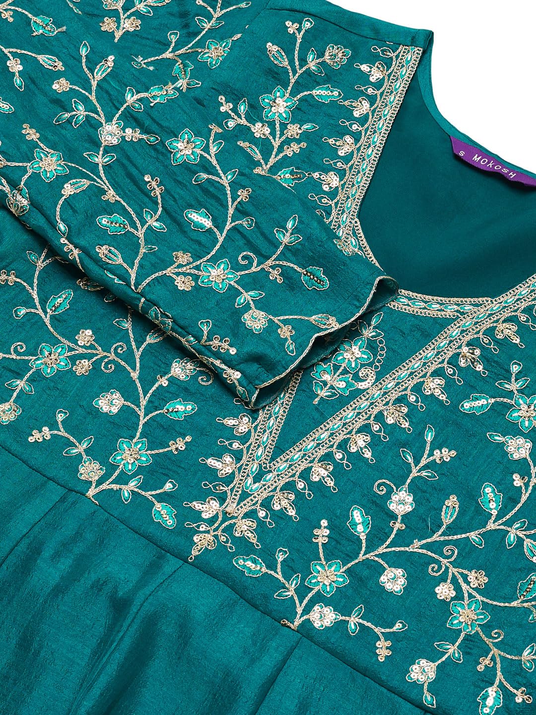 MOKOSH Women Silk Embroidered Rama Anarkali Kurta Pant And Dupatta Set-471-03-S - Image 6 thumbnail