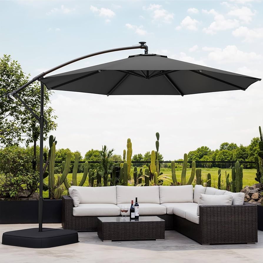 10ft Patio Umbrella with Base Included, Outdoor Offset Cantilever Umbrella, Infinite Tilt, UV Protection for Backyard, Lawn, Garden & Pool, Grey