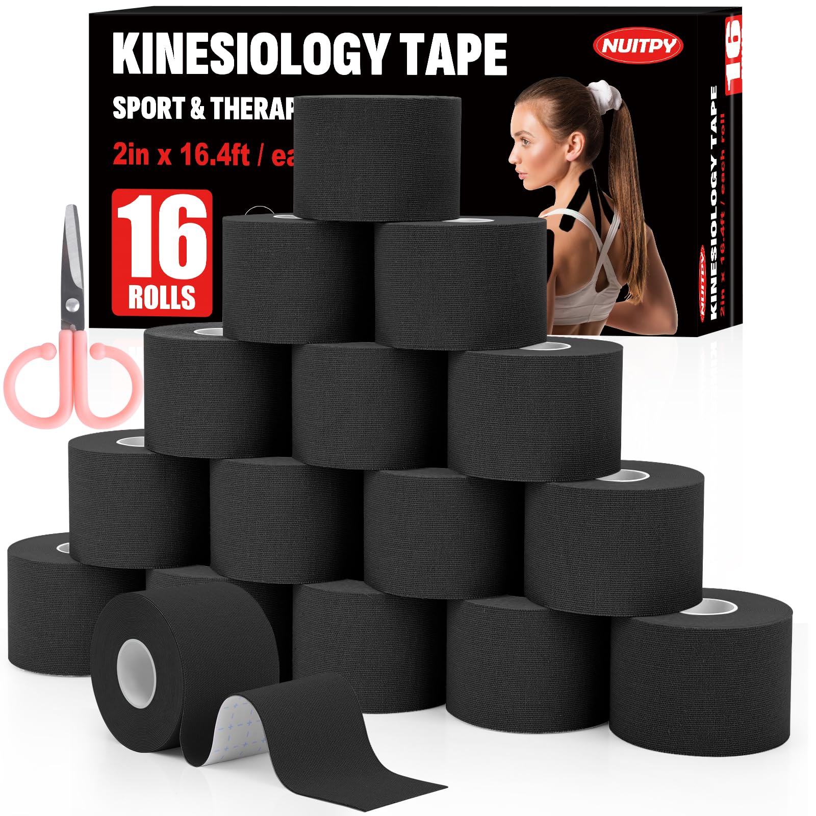 16 Rolls Kinesiology Tape, 2 inch x 16.4 Feet Waterproof Athletic Tape, Uncut Kinetic Tape, Elastic Muscle Tape, Sports Tape, Knee Tape for Exercise and Daily Use - Black