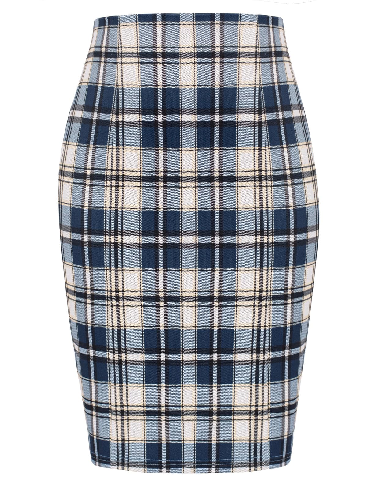 Kate Kasin Womens Knee Length Elastic Waist Stretchy Bodycon Plaid Business  Pencil Skirt