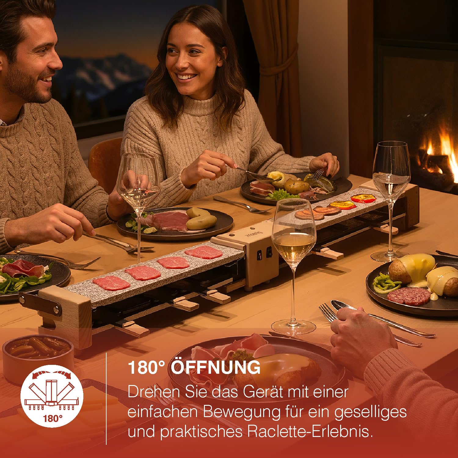 H.Koenig Grill Raclette WOD362 dla 8 osób – 1400 W – podwójna płyta grillowa z granitu, obrotowa podstawa (180°), 8 patelni z powłoką zapobiegającą przywieraniu, 8 szpatułek, fondue i funkcja sera