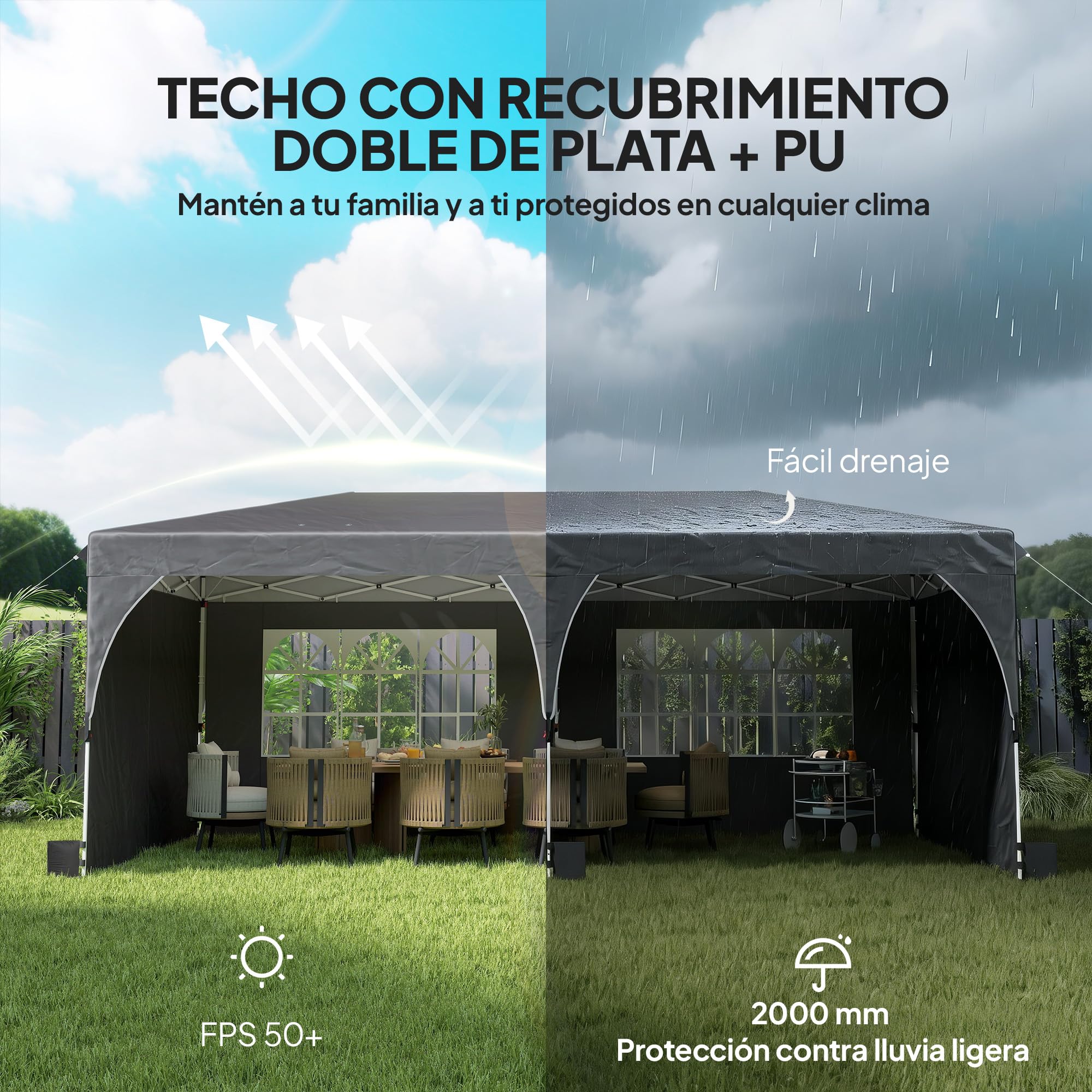Outsunny Carpa Plegable 3x6 m Pop-up con 4 Laterales Extraíbles Gris | Cenador de Jardín, Tiras Reflectantes, Altura Ajustable, Sistema Central de Bloqueo, UPF50+, Impermeable, Bolsa Transporte