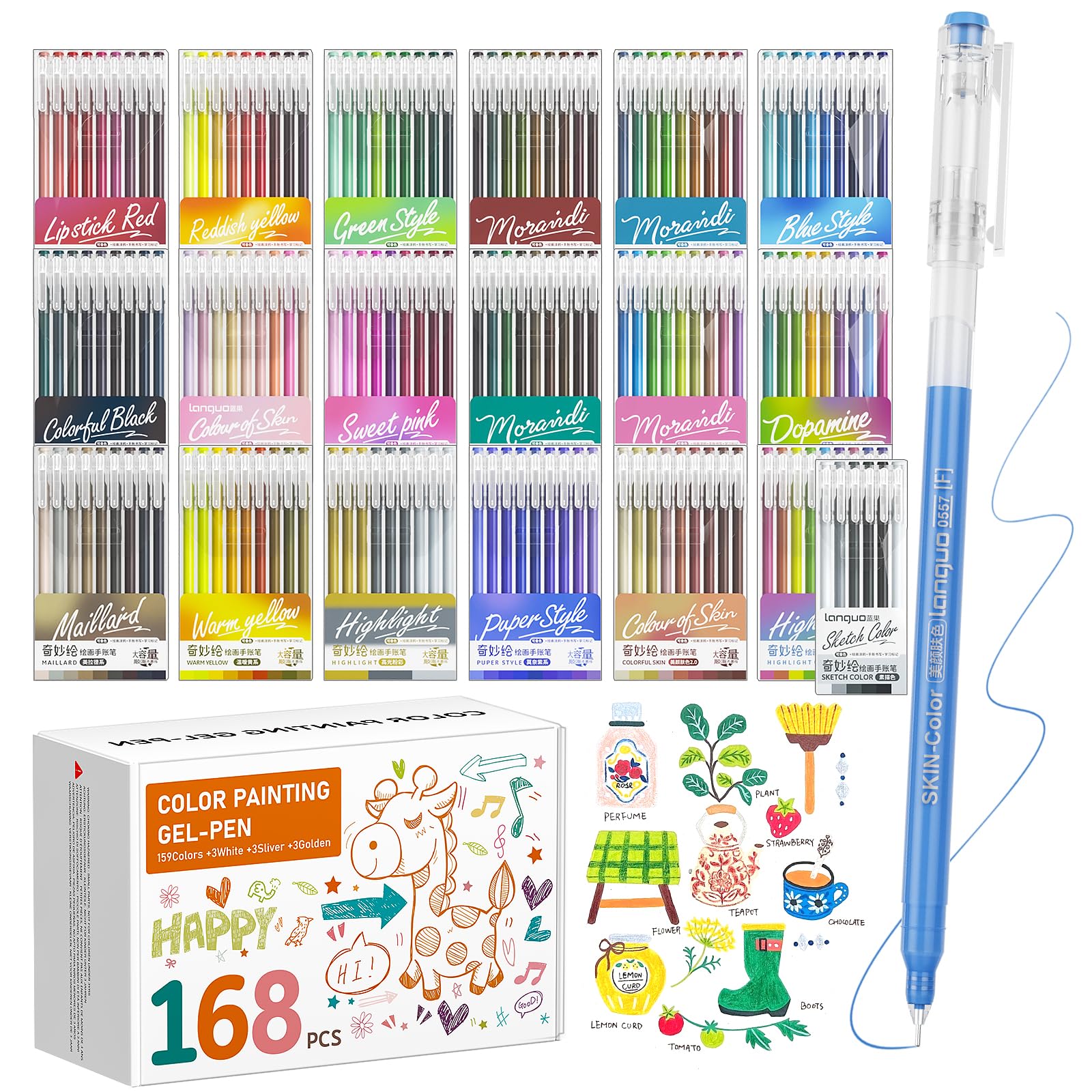 TrendGate 168 Stylo Gel Acrylique, Pointe Fine 0,5 mm Gel Pen | 162 Couleurs (159 + 3 Blanc / 3 Argent / 3 Or), Feutres Gel Coloriage Adulte, Dessin, Écriture, Journaling, Multi-surface