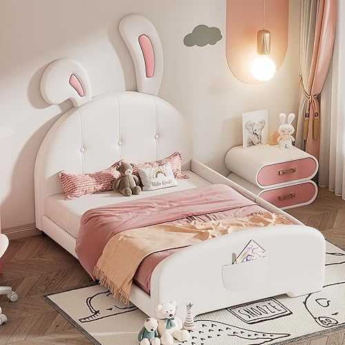 Miniatura 1 de Bonita cama tapizada de princesa en forma de conejo, marco de cama de plataforma de poliuretano con soportes de listones, cabecero y estribo de