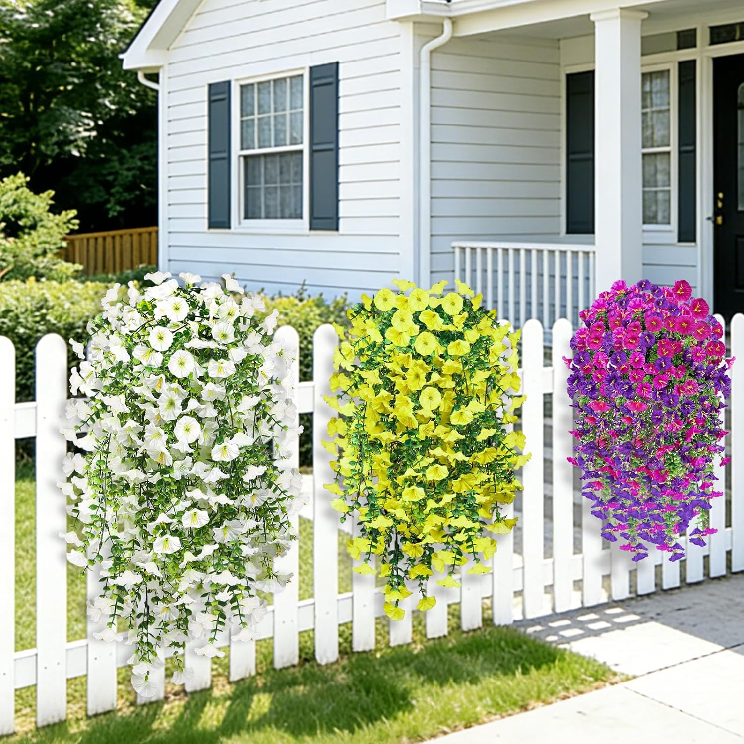 Artificial Hanging Flowers for Outdoors, 4 PCS 600 Blooms UV Resistant Morning Glory Vines Faux Flowers, Realistic Silk Flower Fake Hanging Plants for Porch Patio Garden Decor, Purple&Lotus