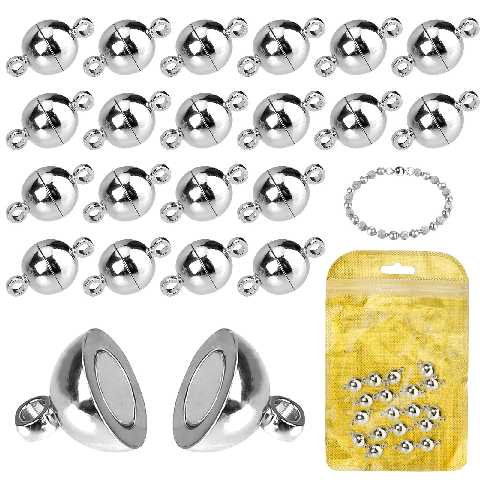 20PCS Magnetic Necklace Clasps, 8MM Round Bracelet Clasps and Closures, Ball Magnetic Bracelet Clasp and Fasteners for Necklaces Bracelet Anklet Jewellery Making DIY Craft (Silver 8mm)
