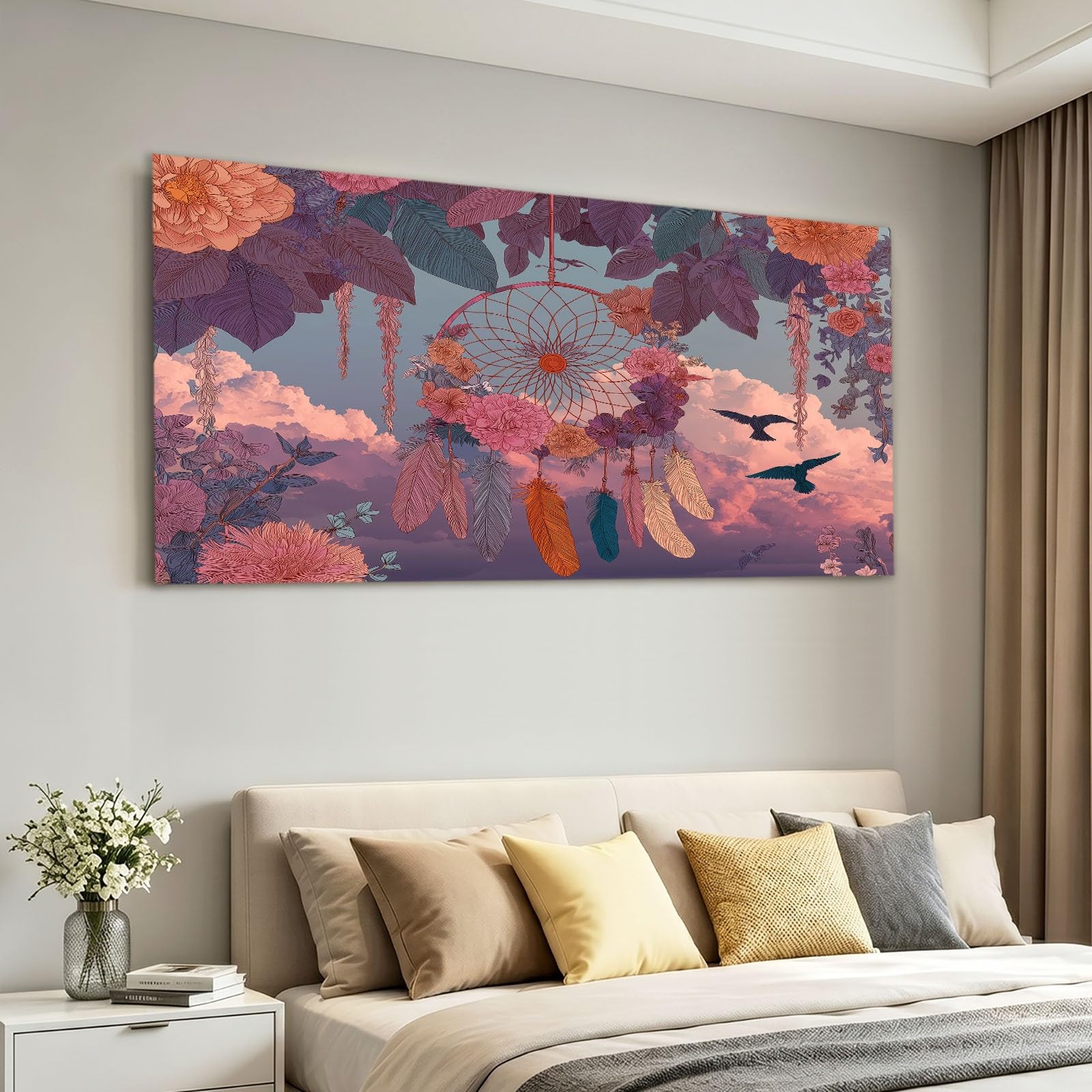 Leinwandbild Wohnzimmer Wandbilder Boho Stil 90 x 60 cm Bild auf Leinwand Kunstdruck Deko für Schlafzimmer, Flur, Büro und Küche - Traumfänger Federn Blumen Rosa