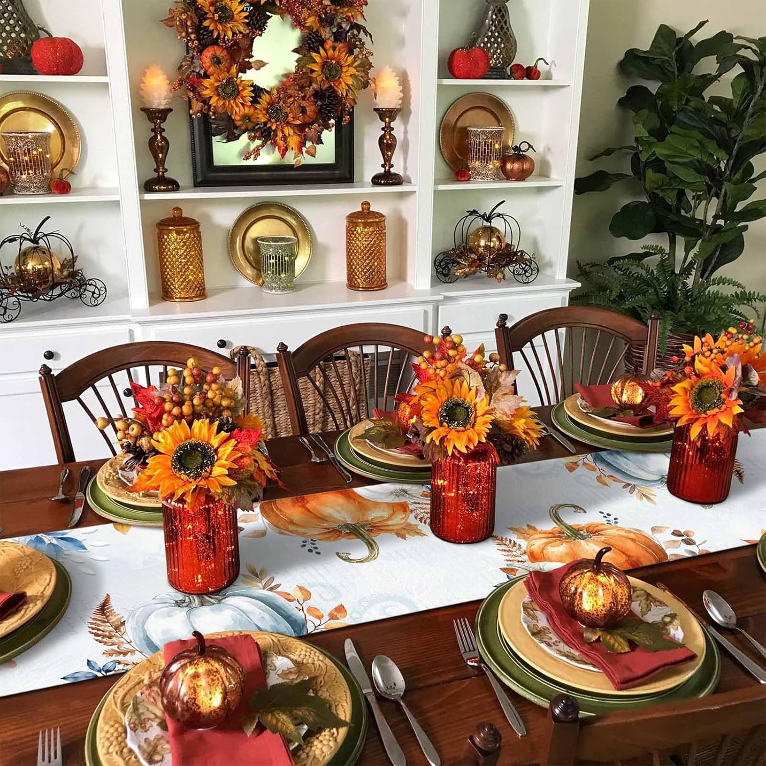 Fall Thanksgiving Table Runner Blue Pumpkins Dresser Scarves 120 Inch Length Rustic Autumn Leaves Non-Slip Washable Farmhouse Dining Table Runners for Wedding Party Holiday Decoration