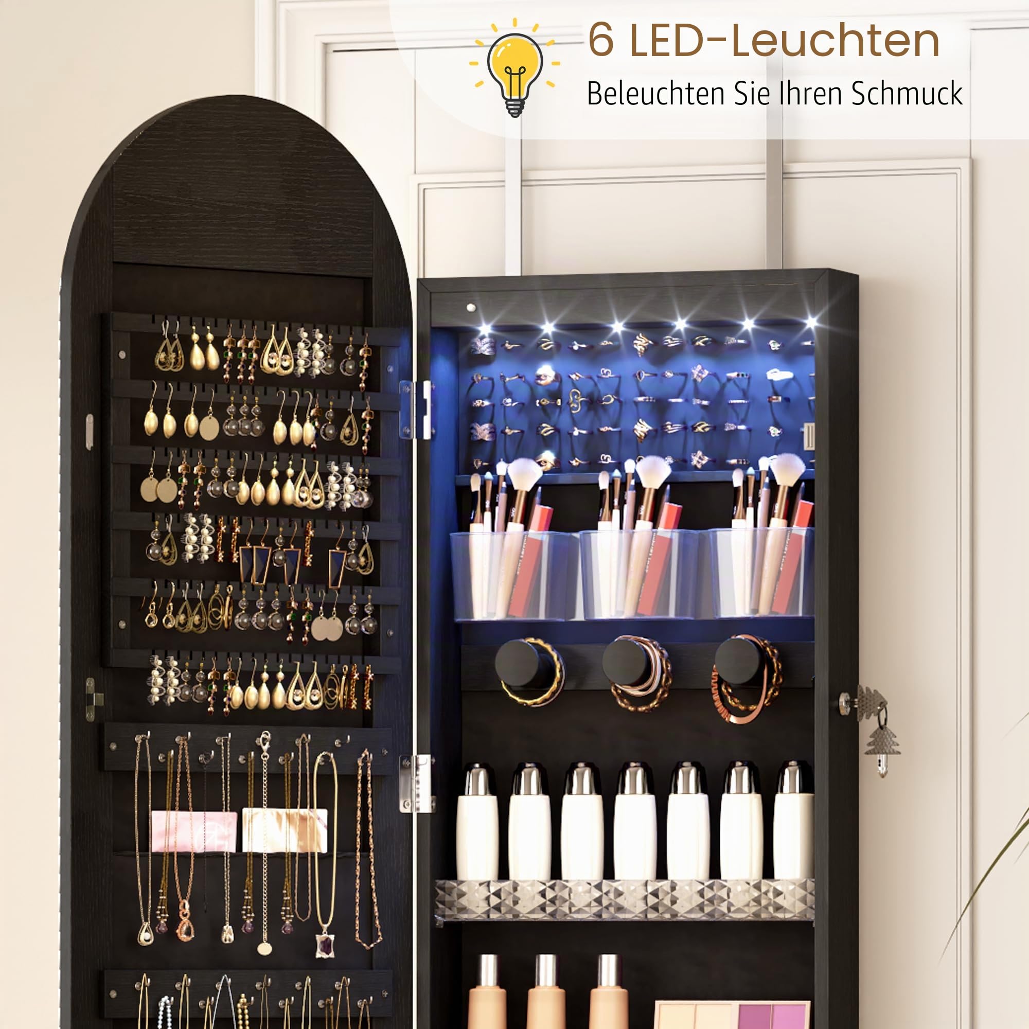 LVSOMT LED Gewölbter Schmuckschrank Hängend, Schmuckschrank mit Spiegel und Licht, Wand/Tür Hängend Schmuck Schrank Abschließbarer, Bogen Spiegel mit 3 Farben Licht, Höhenverstellbarer Haken, Schwarz