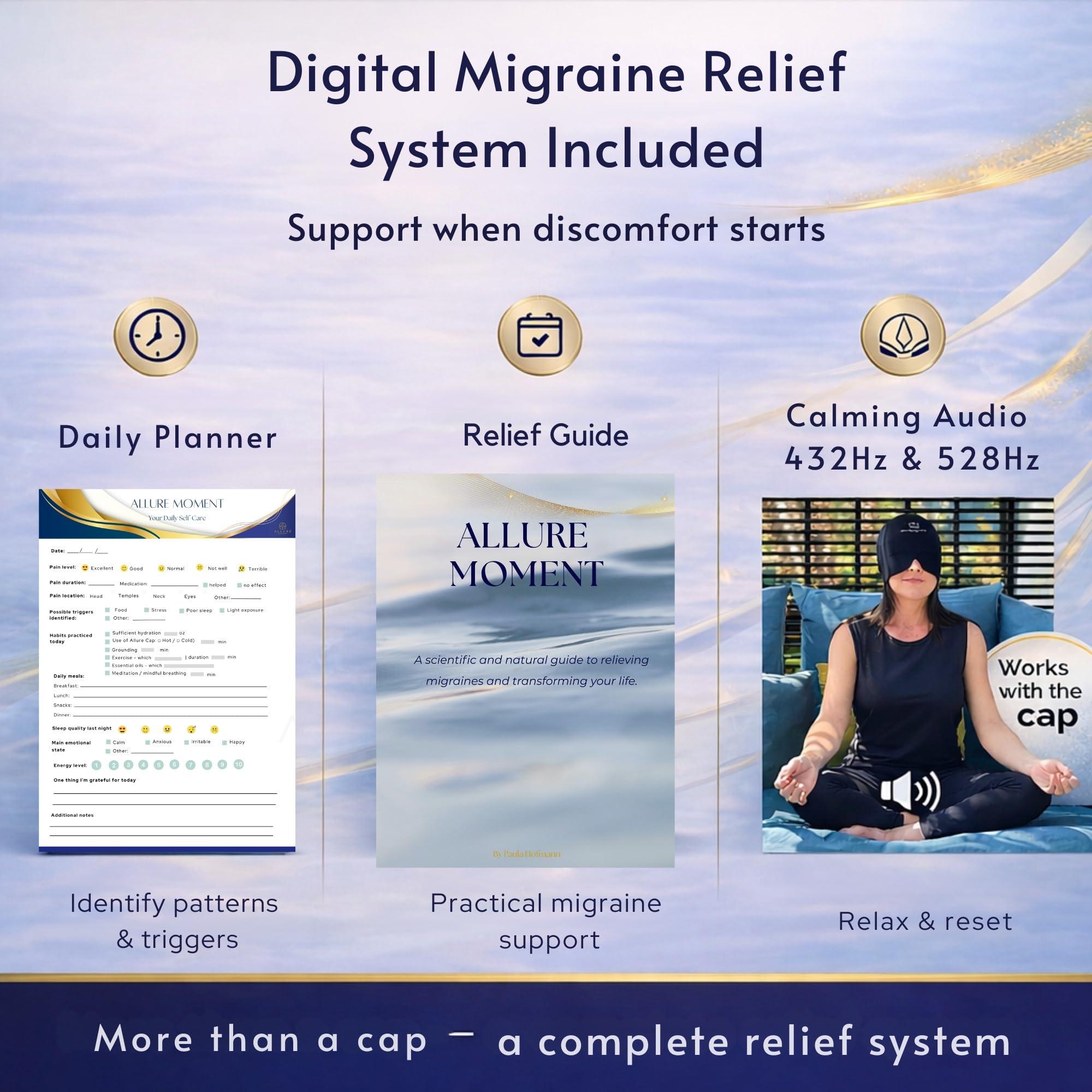Migraine Relief Cap – Hot & Cold Therapy Headache Relief Cap with Digital Wellness Kit, 1.4 LB Gel, Full Head Compression Ice Cap for Migraines, Reusable Cooling Head Wrap — Amazon image 3