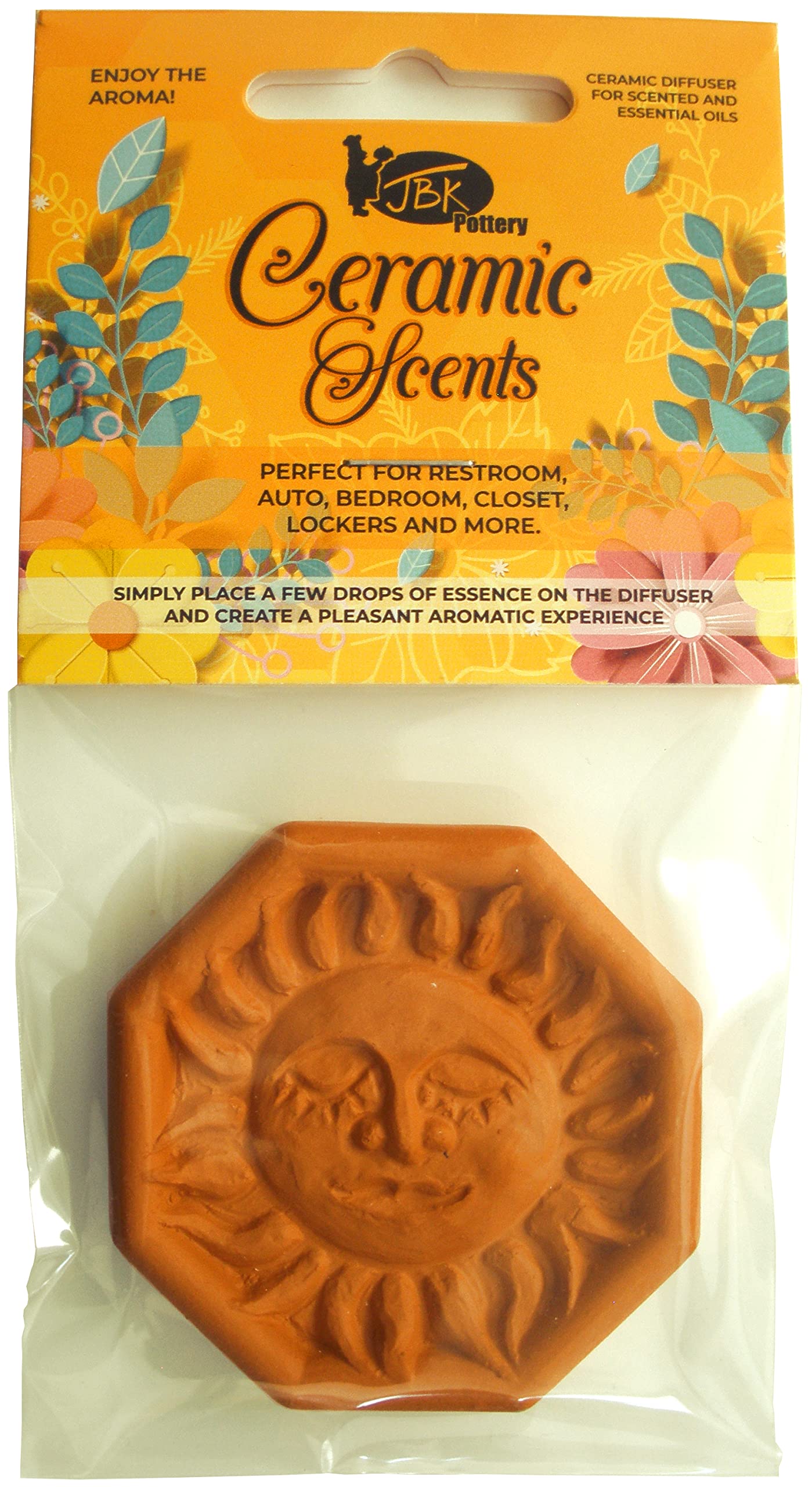 JBK Pottery Ceramic Clay Diffuser – Passive Aromatherapy Oil Diffuser for Essential Oils, Great Home Decor, Car & Office Desk, Outdoor Patio Scent Warmer, Travel Size Gift, Small Mini Terracotta (Sun)