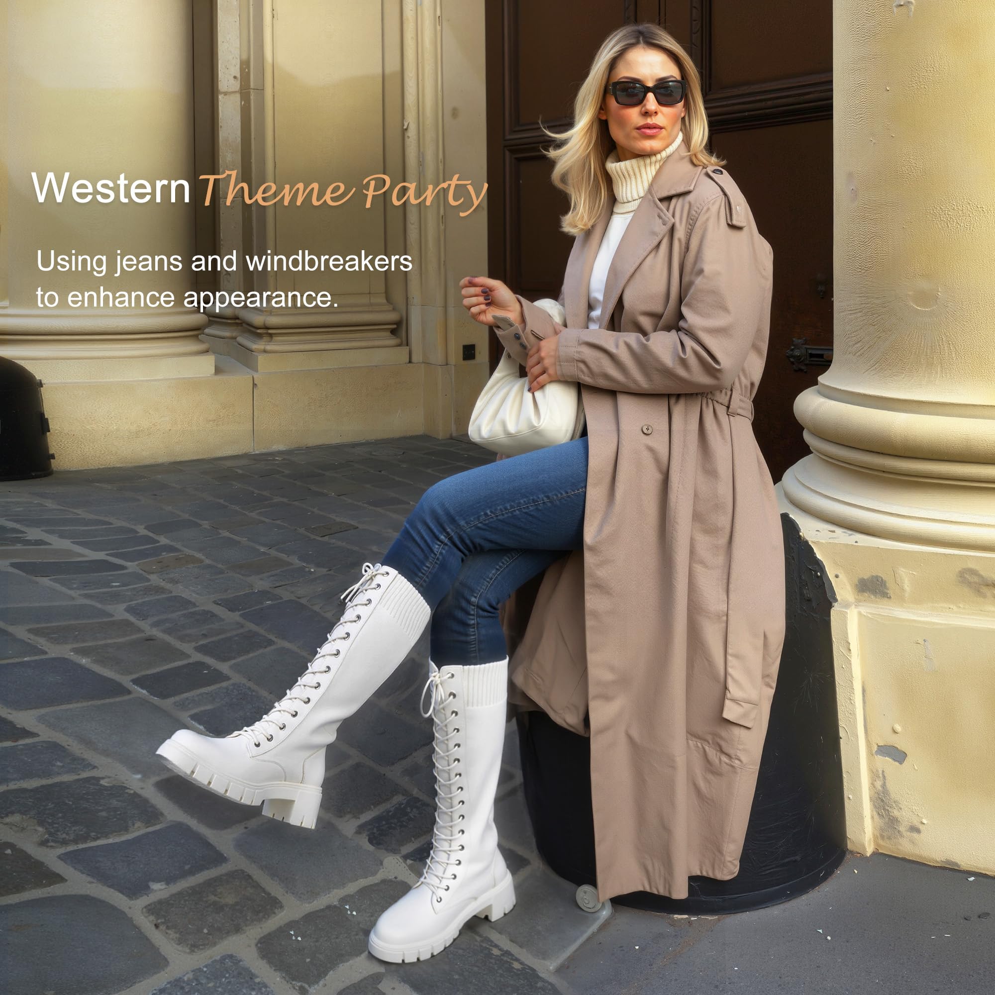 Vepose Women's 953 Knee High Combat Boots Chunky Platform Heel, Lace Up Gothic Punk Work Boots for Dresses and Jeans: 9 Black Pu