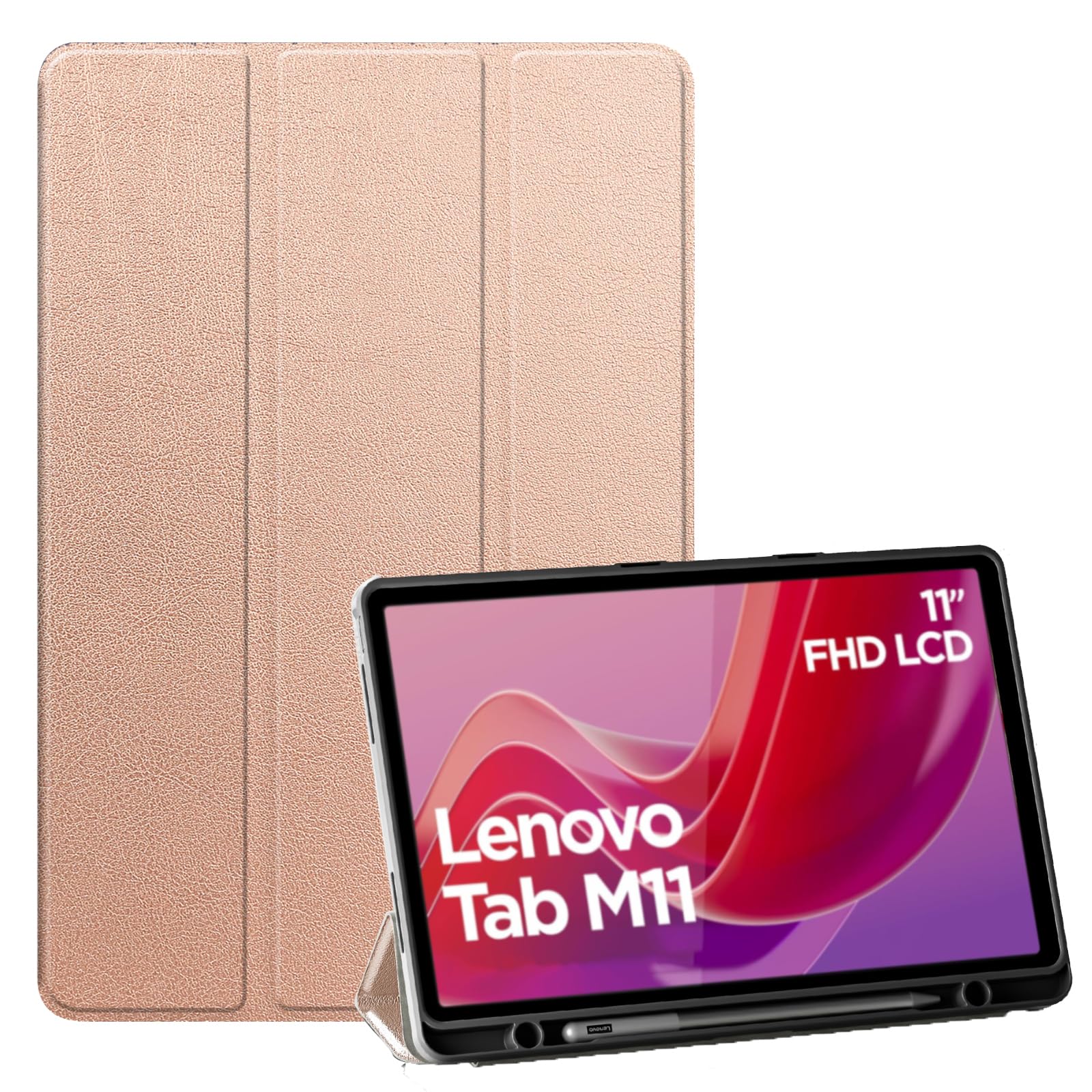 XLTTONGfor Lenovo Tab M11 11 Inch 2024 Case with Pen Holder,TPU Back Protective Cover with Auto Sleep/Wake Smart Trifold Stand Case for Lenovo M11 (Rose Gold)