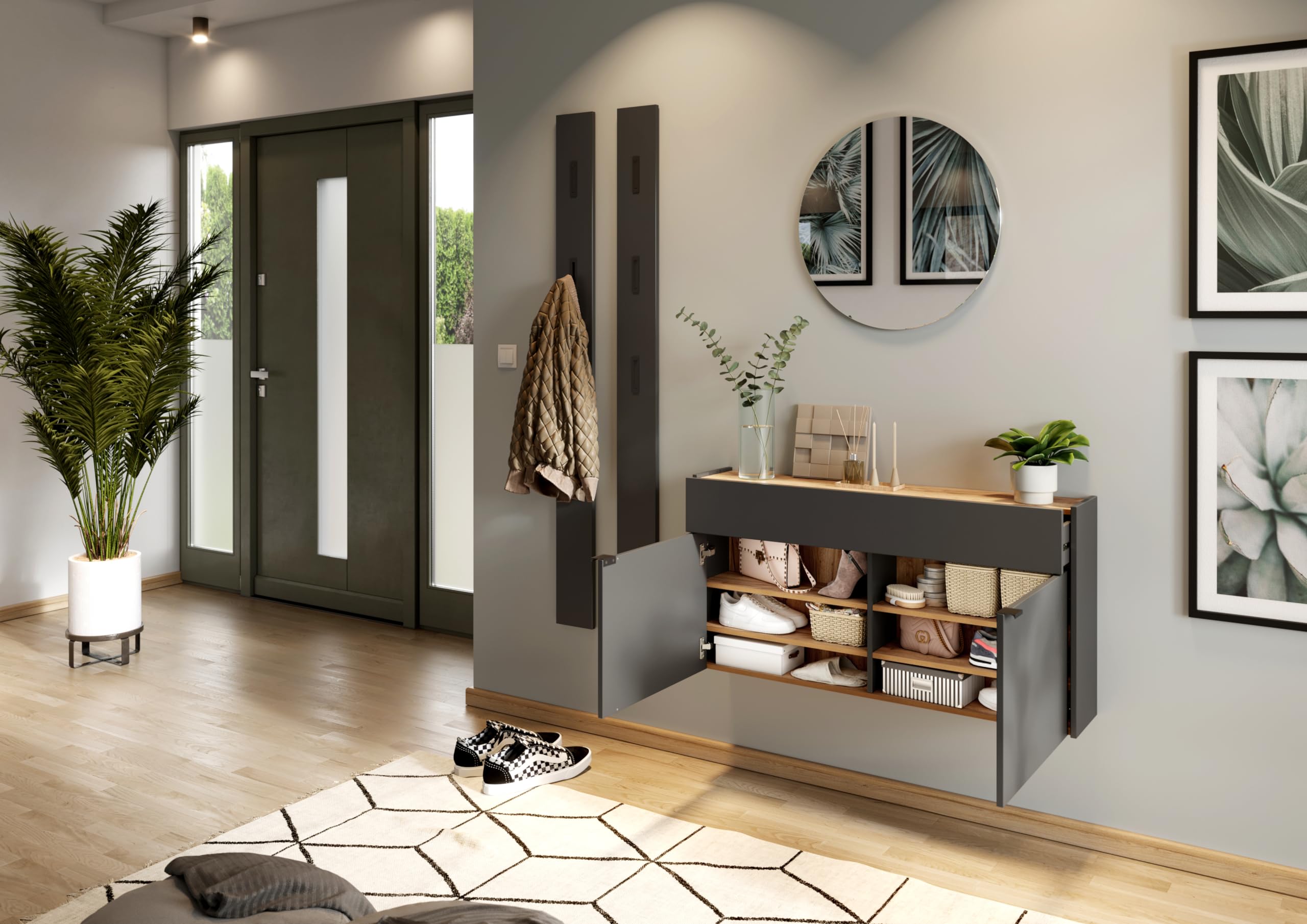 Germania Armadio pensile multiuso con finitura grigio grafite/rovere 1398-549 GW-Ameca, profondità ridotta, ideale per corridoi stretti, 110 x 57 x 22 cm (L x A x P)