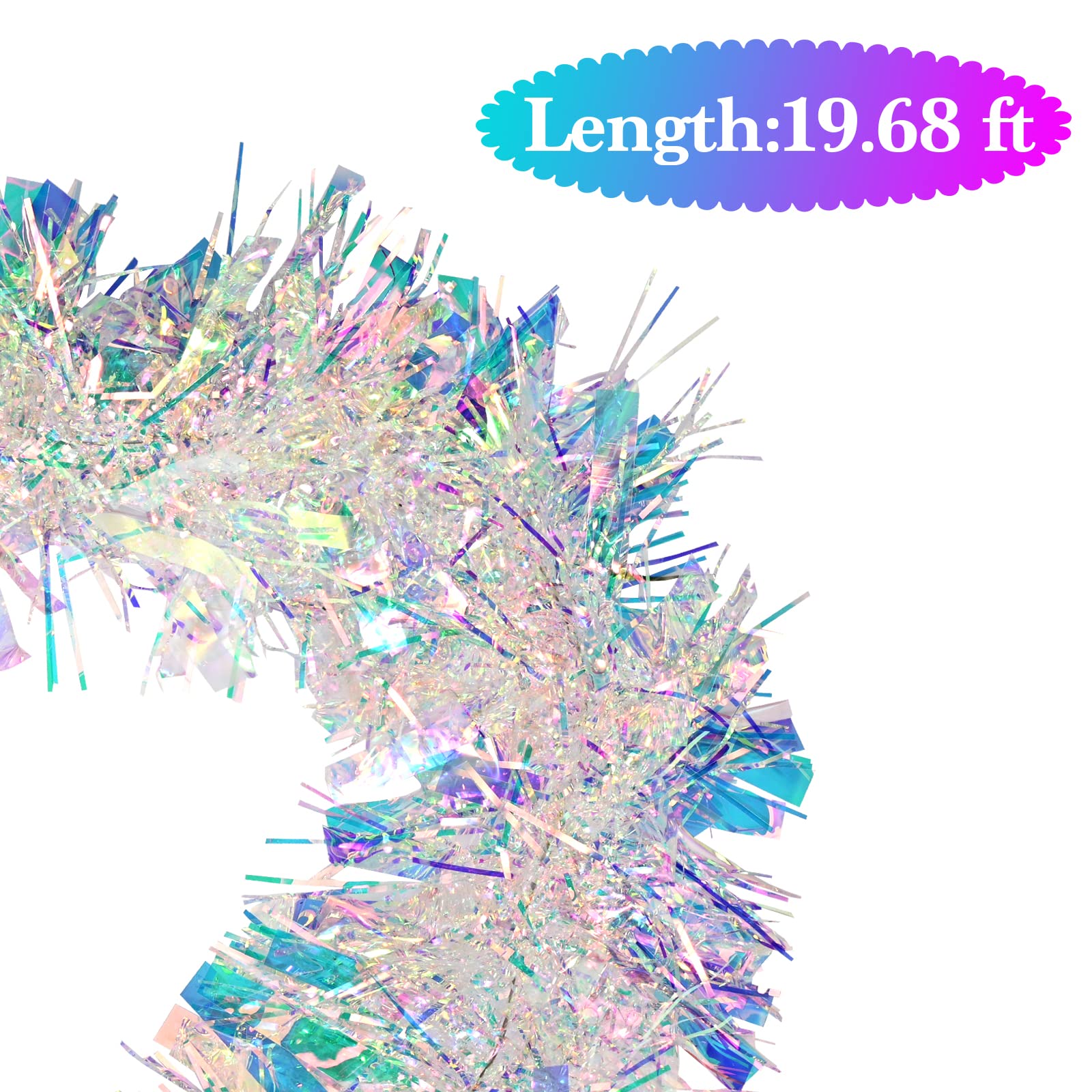 20 Ft Iridescent Christmas Tinsel Garland - Metallic Twist Garland For Tree, Wedding, Party Decor