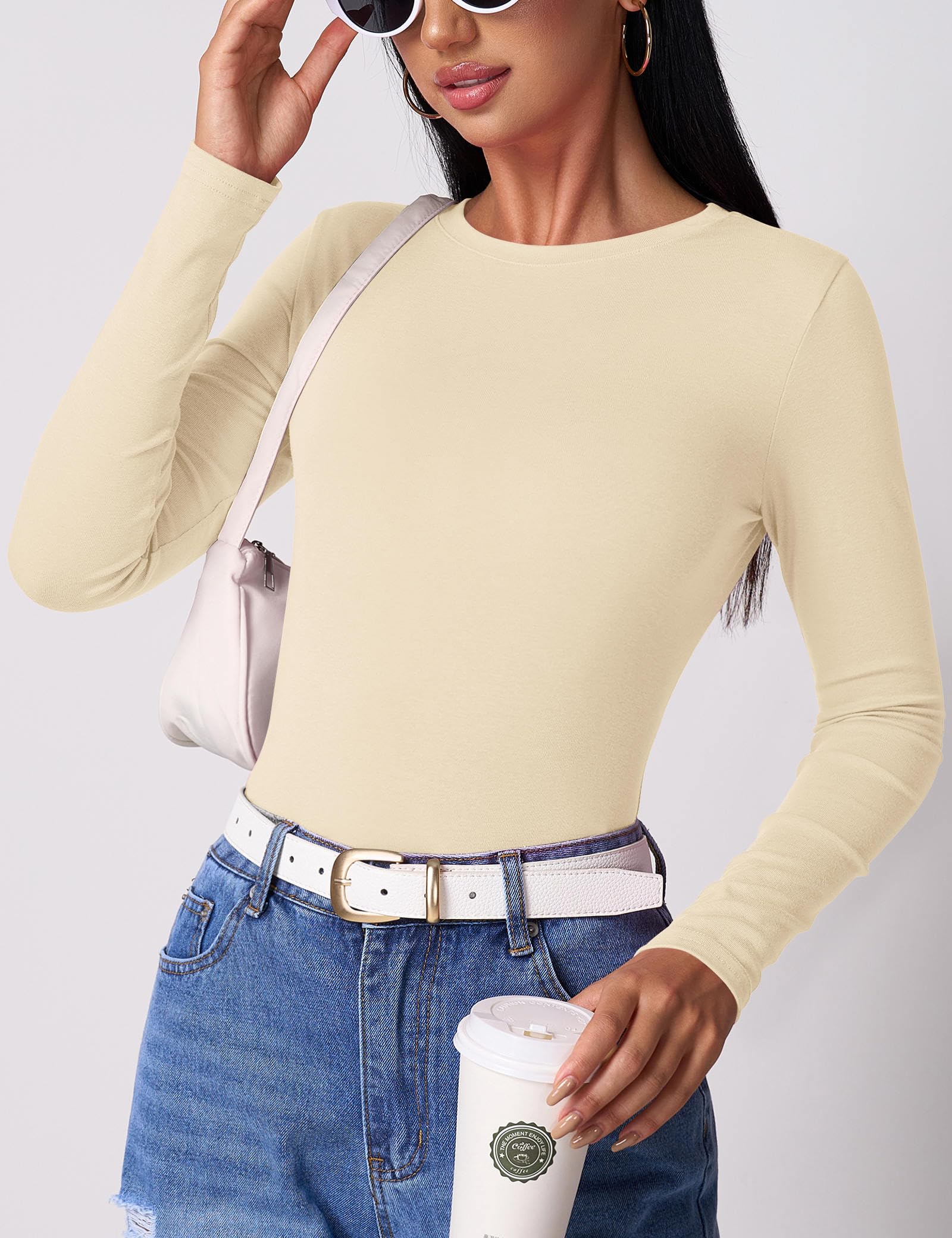 Beluring Camiseta de manga larga para mujer, cuello redondo, ajustada, básica, acanalada
