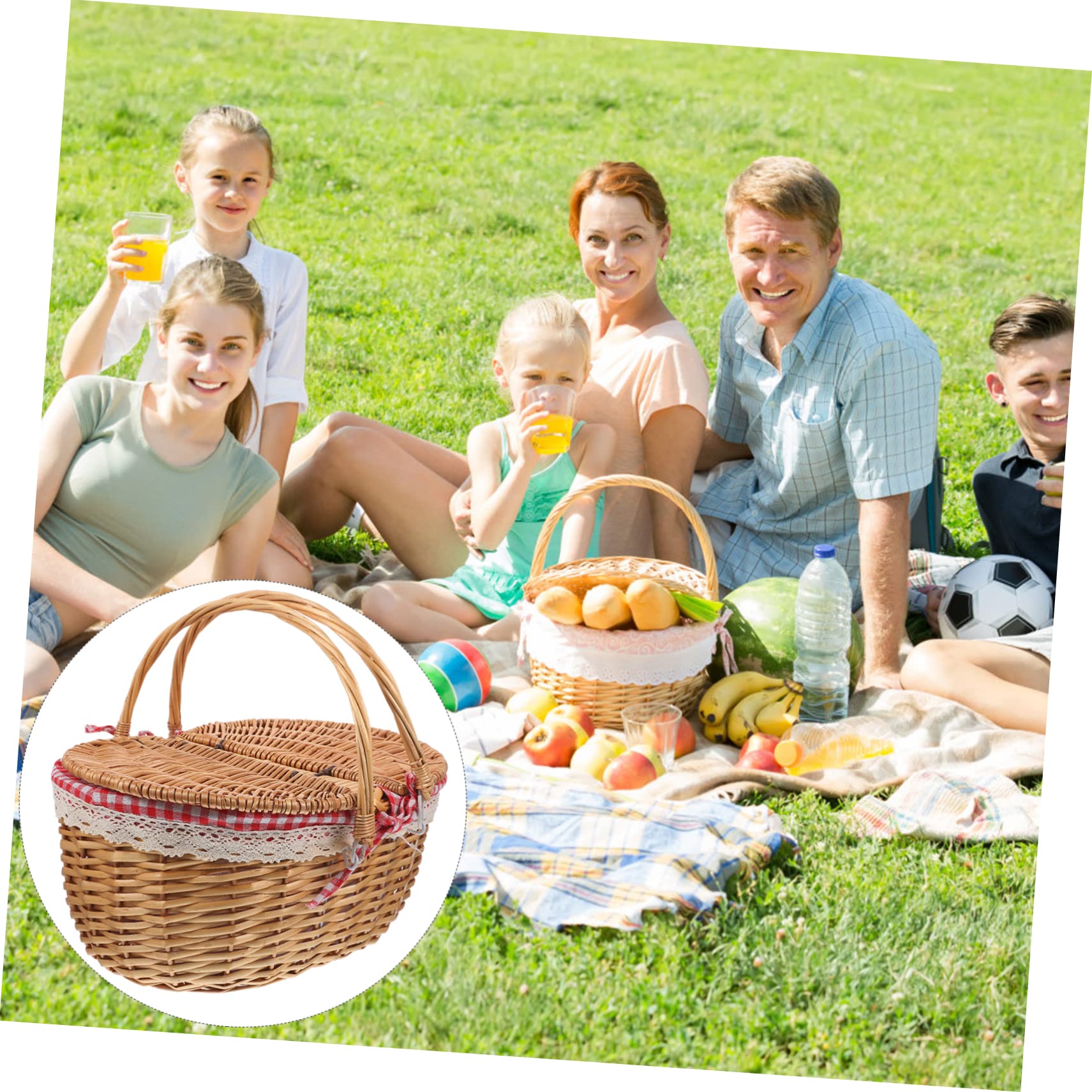 Happyyami Cestino da Picnic in Vimini Naturale con Doppia Maniglia e Coperchio Basket Intrecciato Rustico per Picnic all Aperto Campeggio Conservazione di Frutta e Verdura Dimensioni