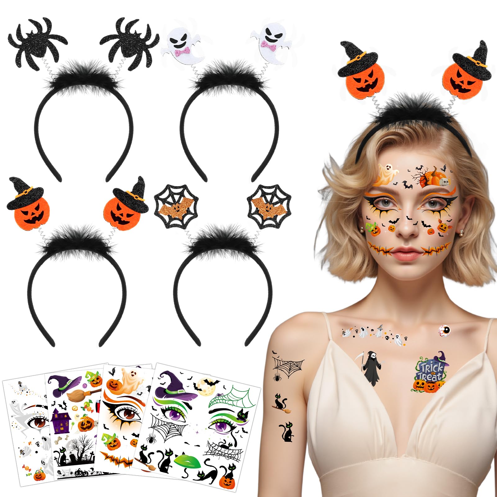 HOWAF 4PCS Halloween Headbands for Women Kids Adult Pumpkin Headband Bat Headband Spider Ghost Hairband Head Boppers & 4 halloween Face Tattoos Stickers for halloween Costume Accessories Fancy Dress