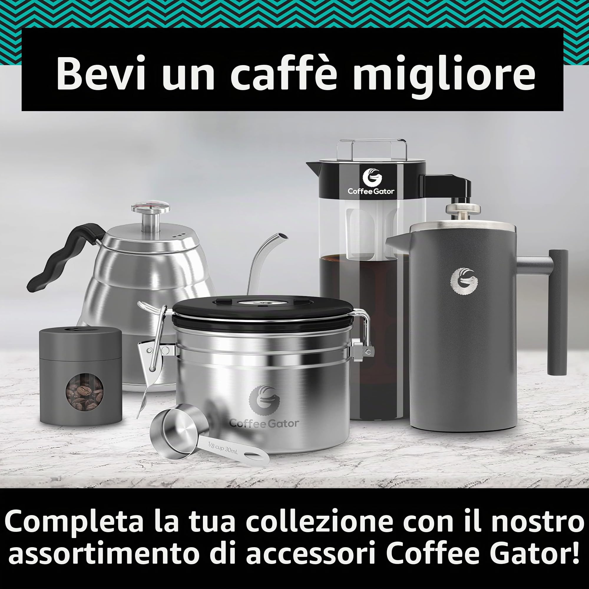 Coffee Gator Contenitore per caffè in acciaio inossidabile 1300 ml, contenitore ermetico con coperchio, indicatore di data, valvola di rilascio di CO2, cucchiaio dosatore