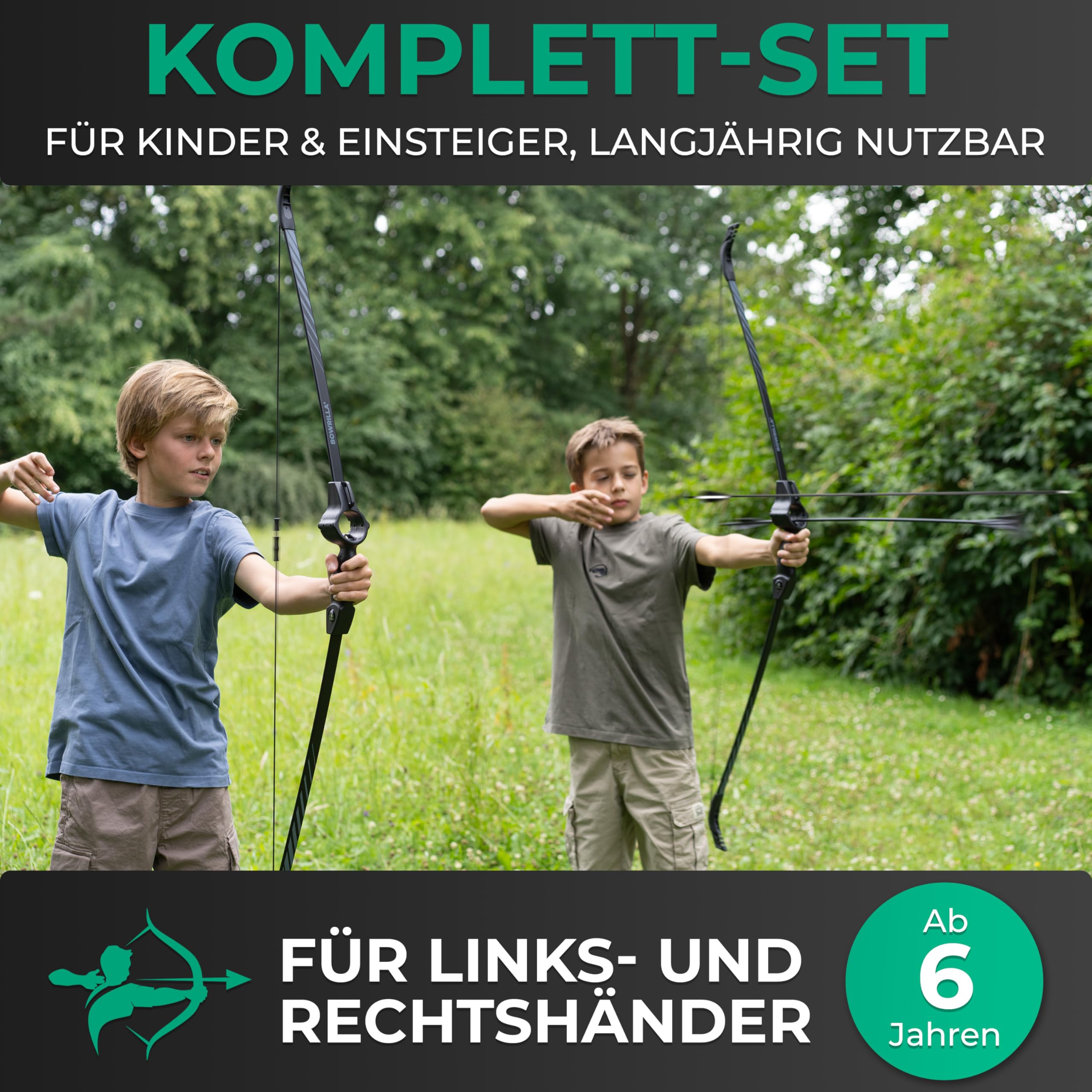 BOWRILLA® Pfeil und Bogen Kinder Sportbogen Set mit Saugnapf-Pfeilen und Zielführung | 3-teiliger Takedown Recurvebogen für Rechts & Linkshänder
