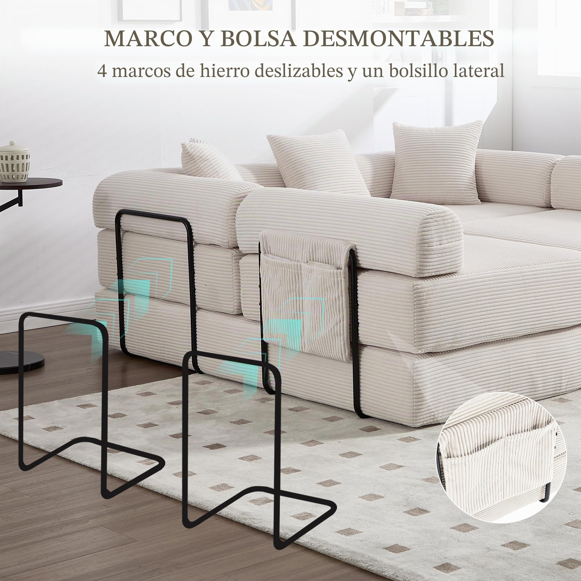 Lubvtti Sofá cama de 3 plazas con bolsillos laterales más 3 cojines, estructura de metal resistente, sofá modular plegable de compresión, sofá de 3 plazas de terciopelo acanalado (B-beige + 5 plazas)