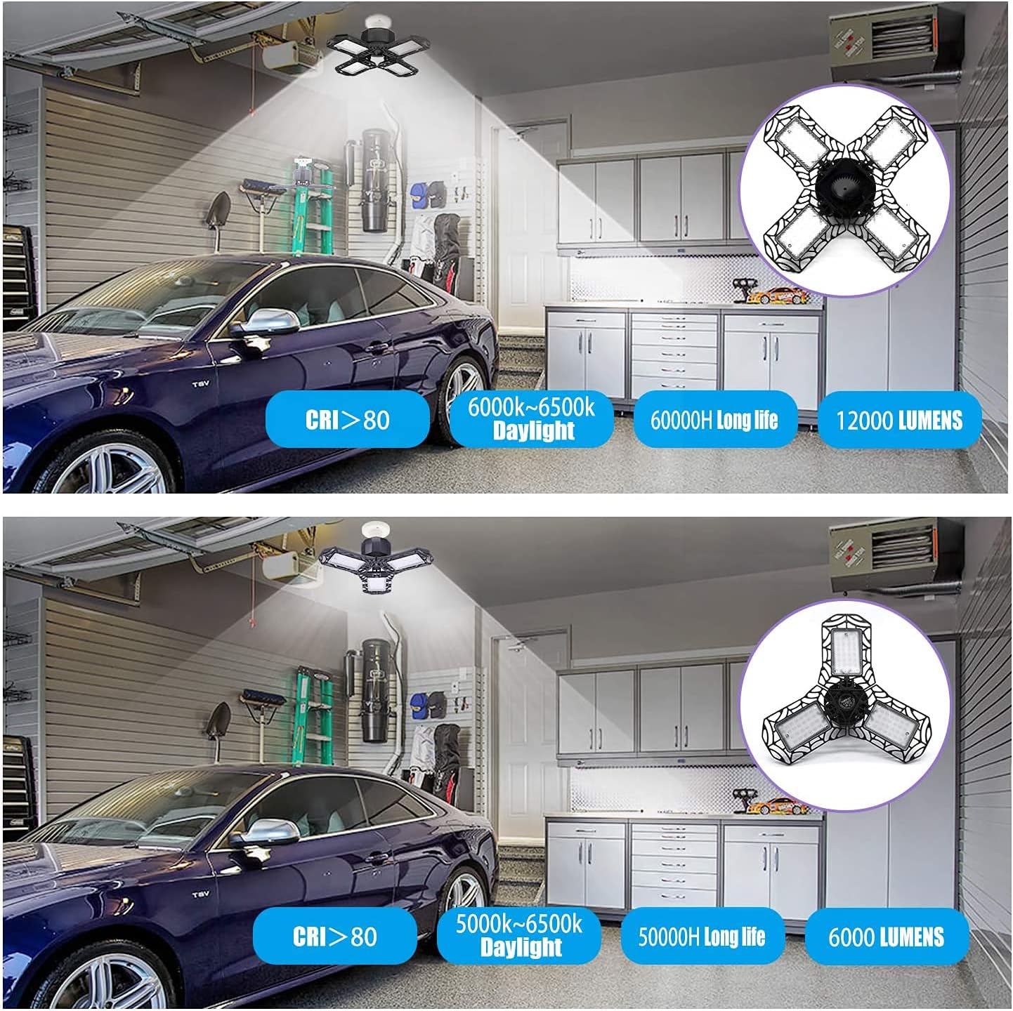 Gеt Sресіаl Prісе 2-Pack LED Garage Lights 80W Garage Lighting - 12000LM 6500K Deformable LED Garage Ceiling Lights, LED Shop Light with Adjustable Multi-Position Panels, LED Light for Garage, Workshop, Basement